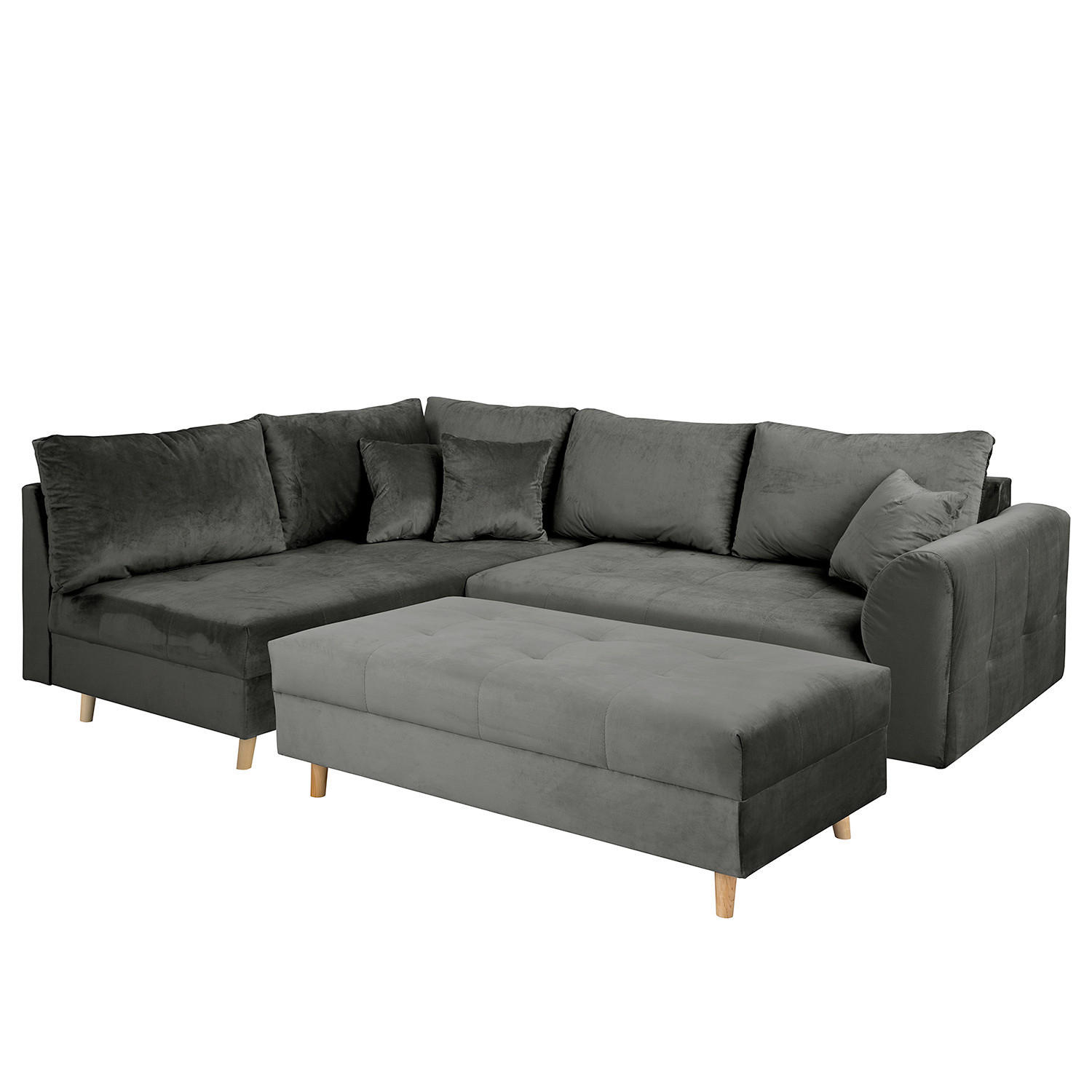 ECKSOFA inkl. Hocker Ariella Anthrazit Samt Rückenkissen, Hocker  - Anthrazit/Naturfarben, Design, Holz/Textil (161/231cm) - Livetastic