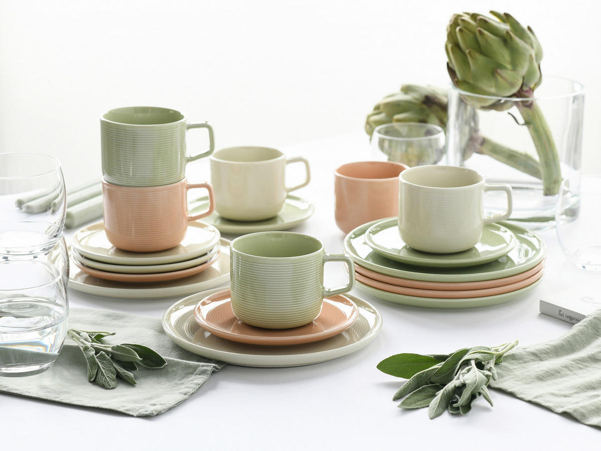 KAFFEESERVICE Session Romance 18-teilig  - Salbeigrün/Creme, Basics, Keramik - Creatable