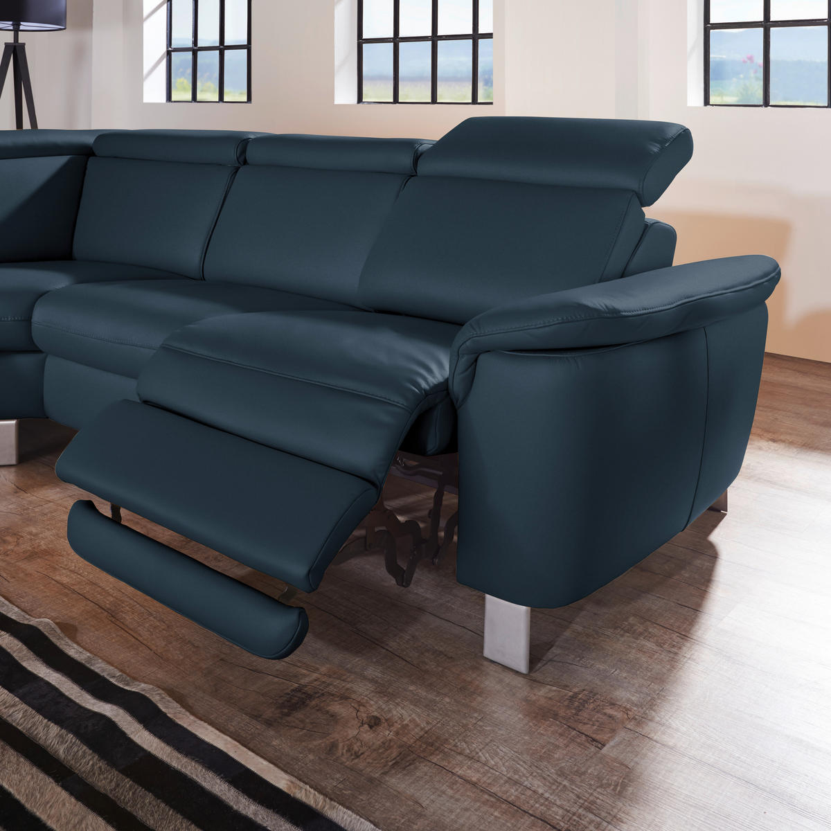 ECKSOFA in Echtleder Dunkelblau  - Alufarben/Dunkelblau, Design, Leder/Metall (239/271cm) - Cantus