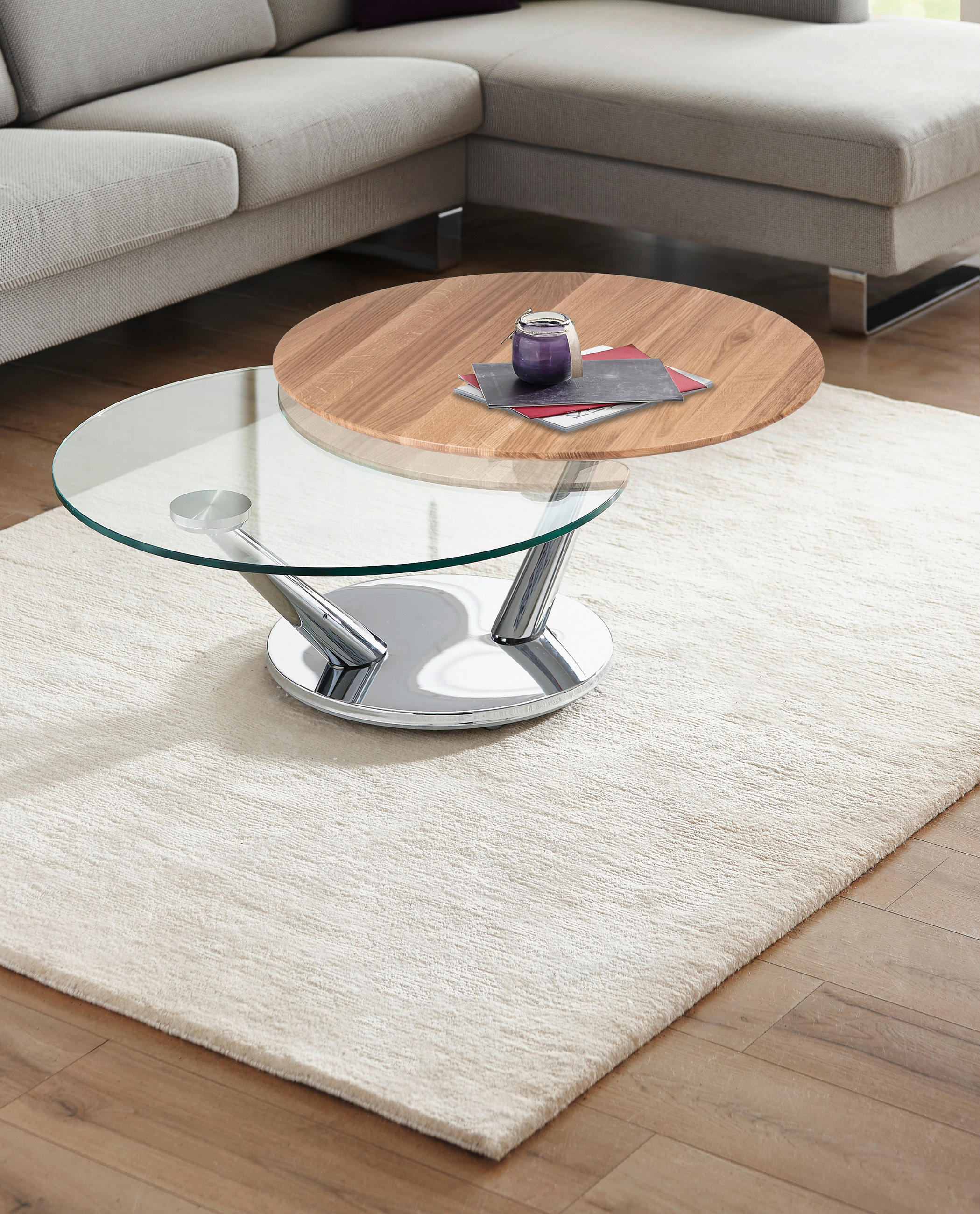 Thumbnail - Naos Couchtisch Naos Abra, Klar, Eiche, Chrom, Holz, Metall, Glas, Eiche, furniert, Sockel, 80x40x80-128 cm, Wohnzimmer,...