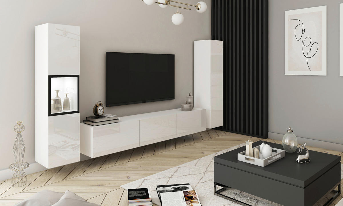 HYLLKOMBINATION 3 delar  i vit, vit högglans  240/130/31 cm  - vit/vit högglans, Design, trämaterial/glas (240/130/31cm) - MID.YOU