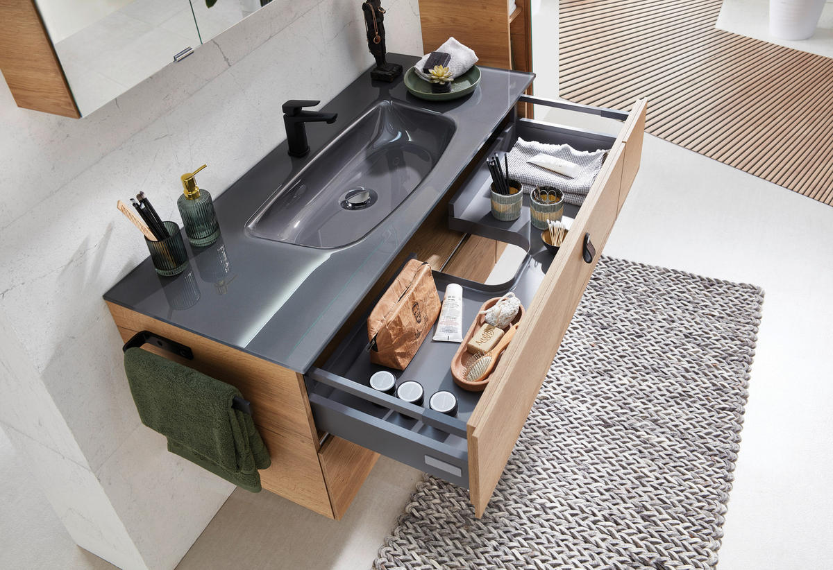 WASCHTISCHKOMBI 122 cm  - Eichefarben/Braun, KONVENTIONELL, Leder/Glas (122cm) - Sadena