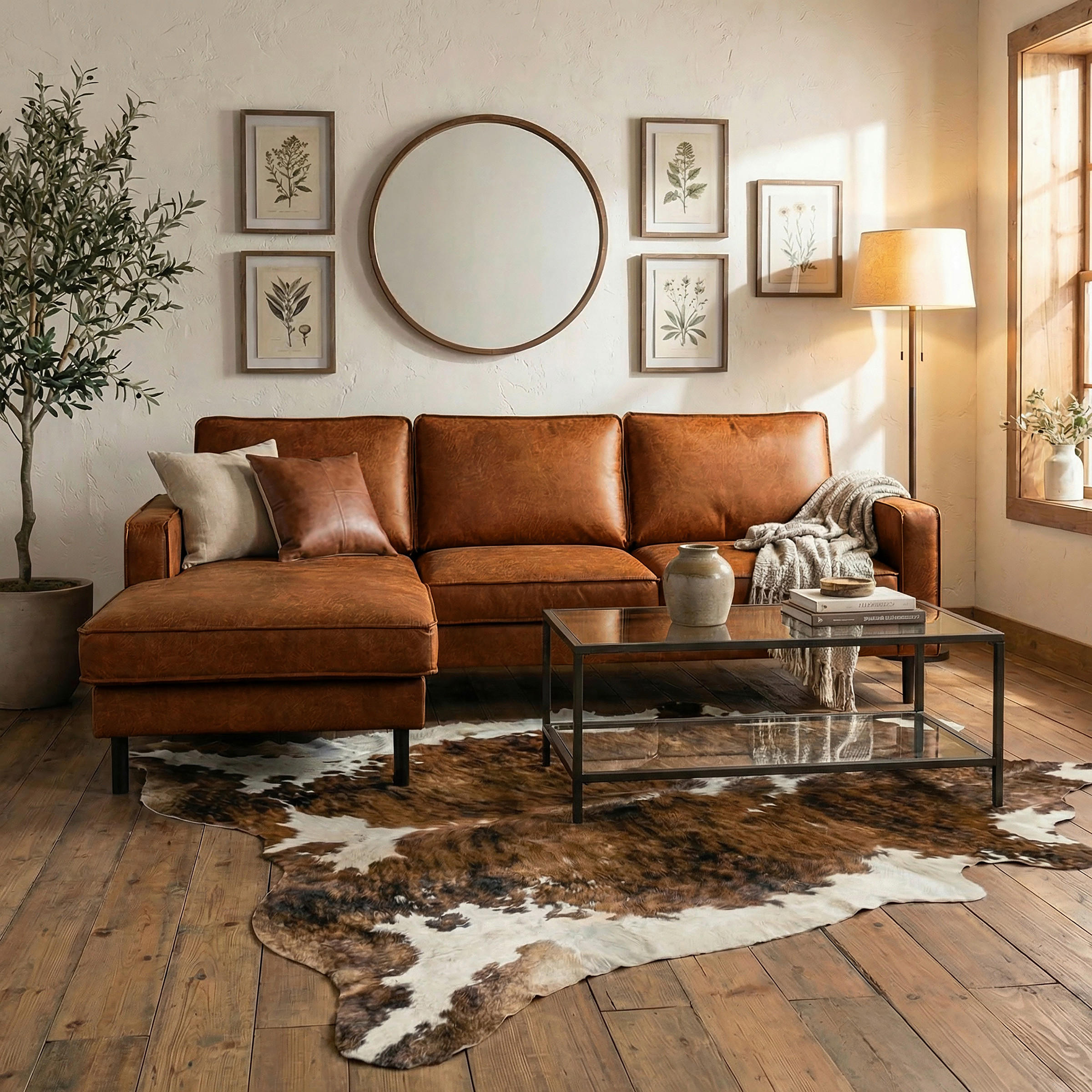ECKSOFA Cognac Echtleder Lederlook Rücken echt  - Cognac, Design, Leder/Textil (166/238cm) - Livetastic