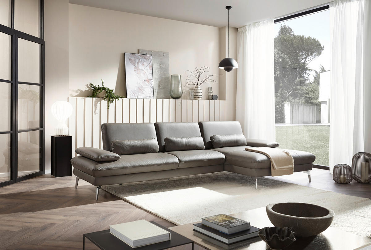 ECKSOFA in Echtleder Graubraun  - Chromfarben/Graubraun, Design, Leder/Metall (325/157cm) - Dieter Knoll