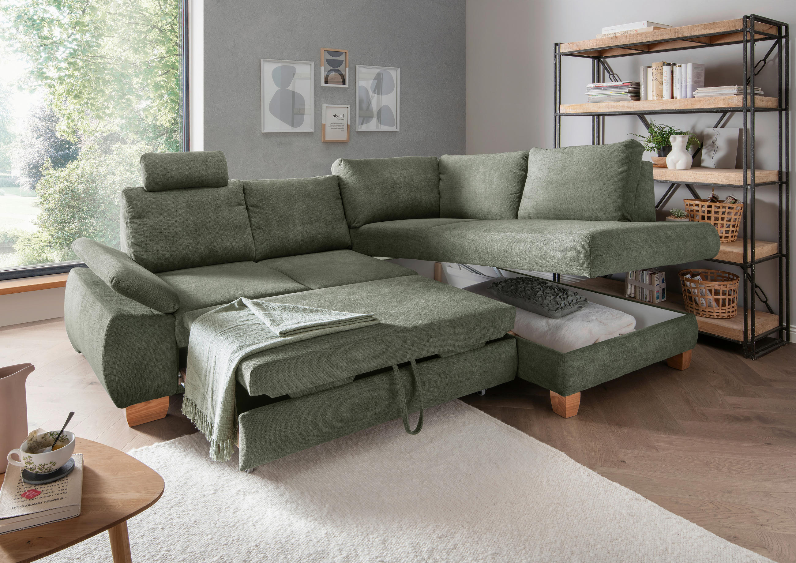 ECKSCHLAFSOFA in Chenille Dunkelgrün  - Wildeiche/Dunkelgrün, Modern, Holz/Textil (261/206cm) - Livetastic