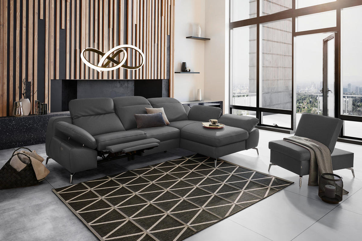 ECKSOFA in Echtleder Anthrazit  286/183 cm  - Anthrazit/Schwarz, Design, Leder/Metall (286/183cm) - Celina Home