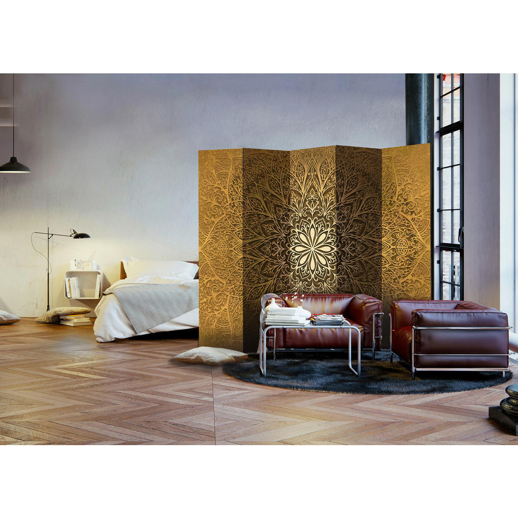 Thumbnail - artgeist Paravent, Braun, Gold, Holz, Textil, Kiefer, massiv, Mandala, 225x172x3 cm, Motiv auf Vorder- und Rückseite, Wo...