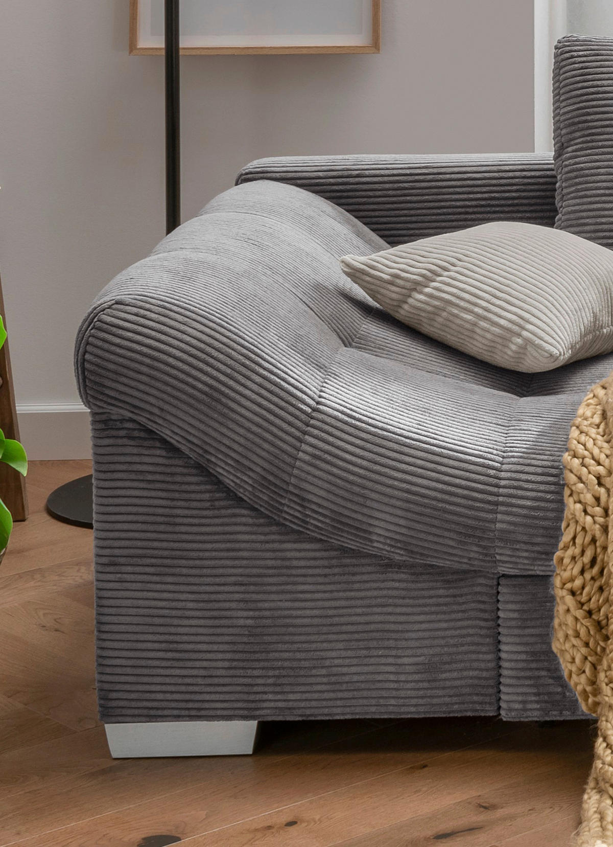 ECKSOFA Grau Cord  - Silberfarben/Grau, Design, Holz/Textil (298/202cm) - MID.YOU