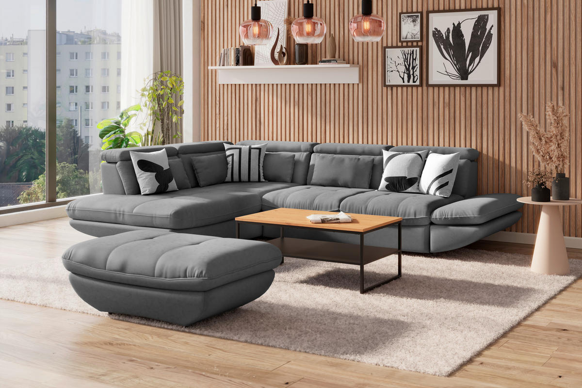 WOHNLANDSCHAFT Dunkelgrau Webstoff  - Dunkelgrau/Schwarz, MODERN, Kunststoff/Textil (233/311cm) - MID.YOU