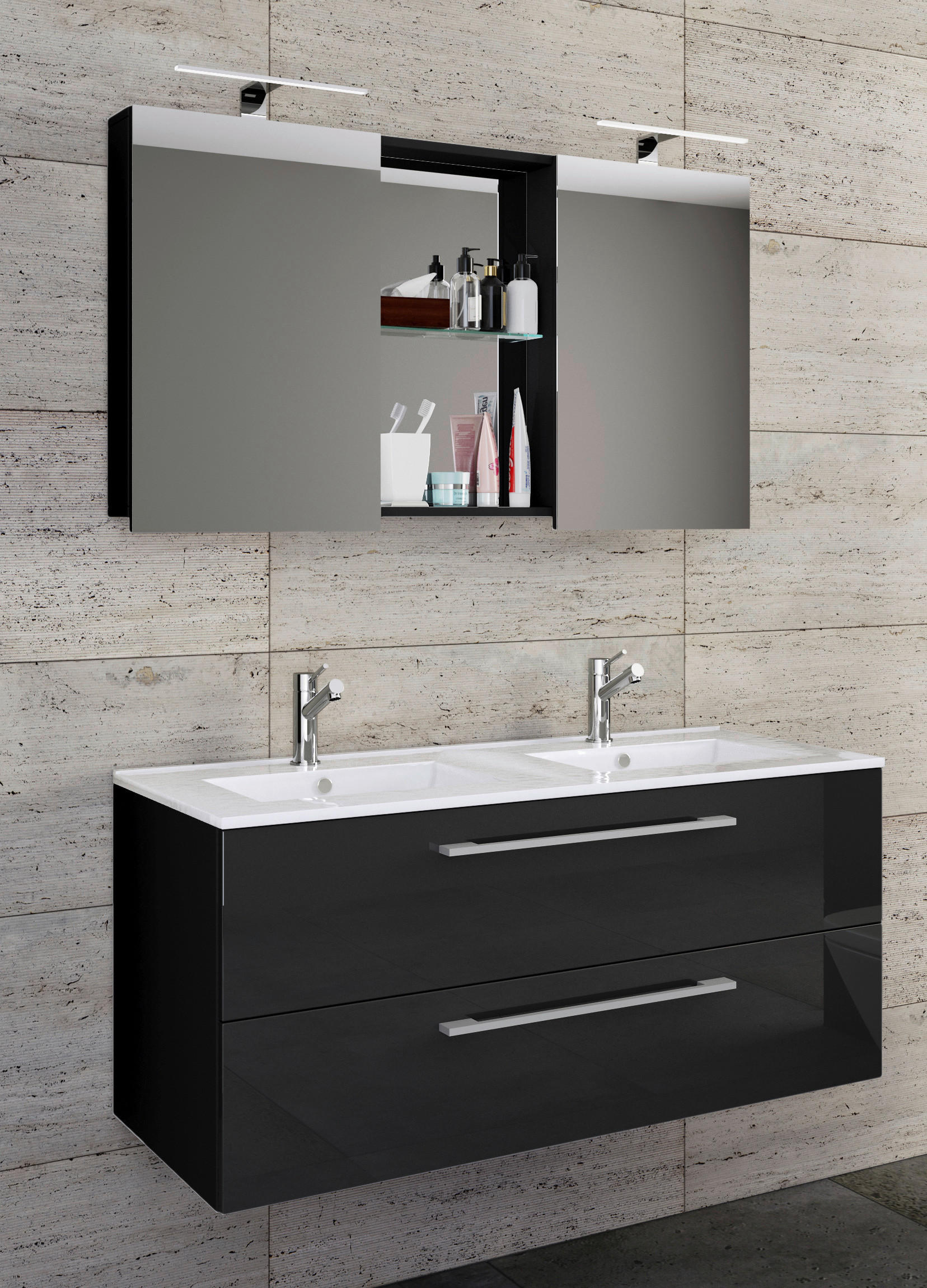 BADEZIMMER 3-teilig  in 112 cm  - Alufarben/Schwarz, MODERN, Keramik/Holzwerkstoff (112cm) - MID.YOU