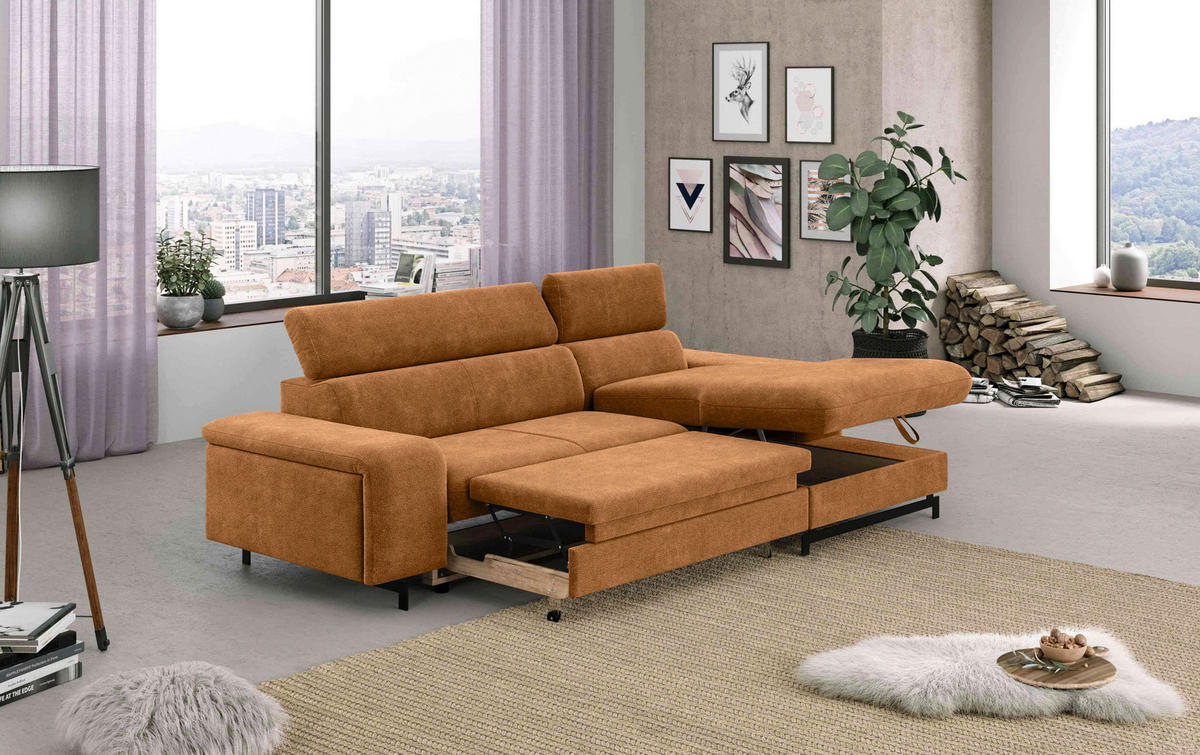 ECKSOFA Cognac Chenille  - Cognac/Schwarz, Textil/Metall (267/165cm) - MID.YOU
