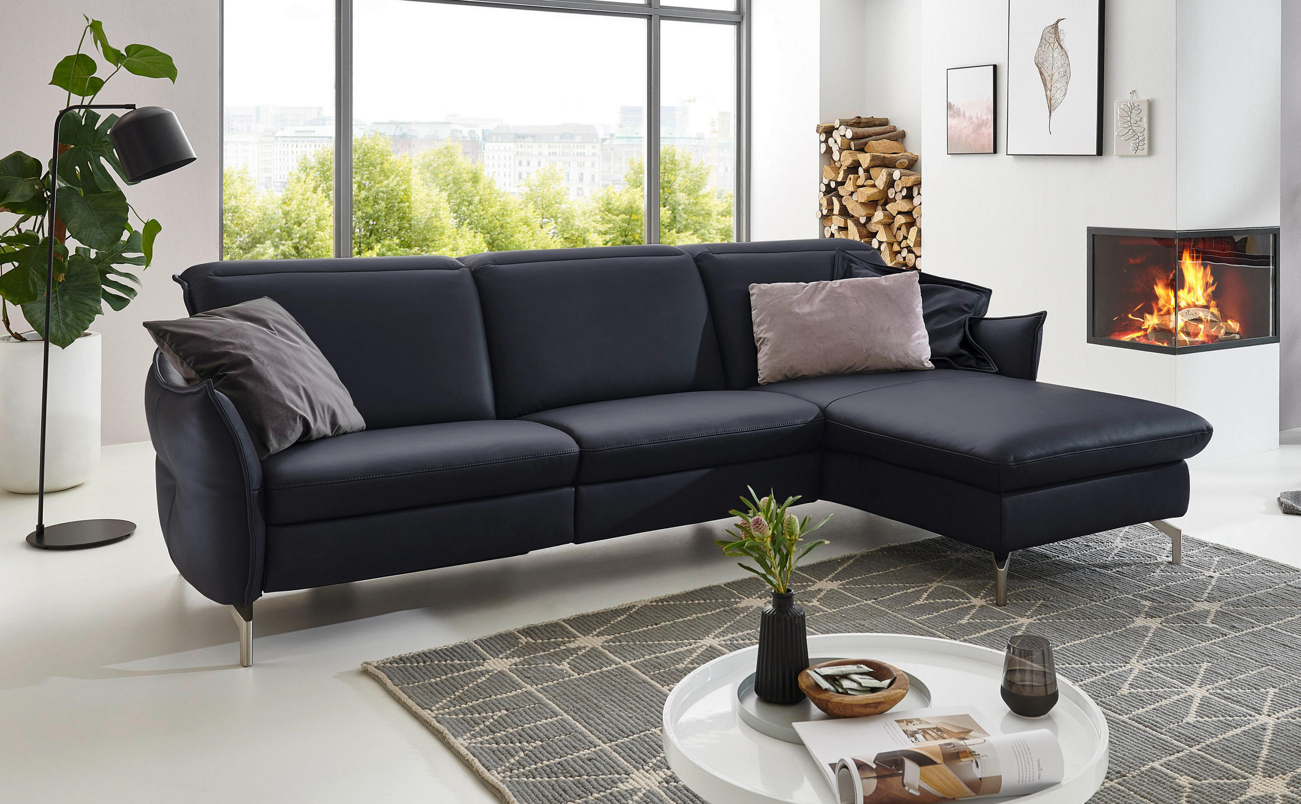 ECKSOFA Dunkelblau Echtleder  - Dunkelblau/Nickelfarben, MODERN, Leder/Metall (263/179cm) - Livetastic