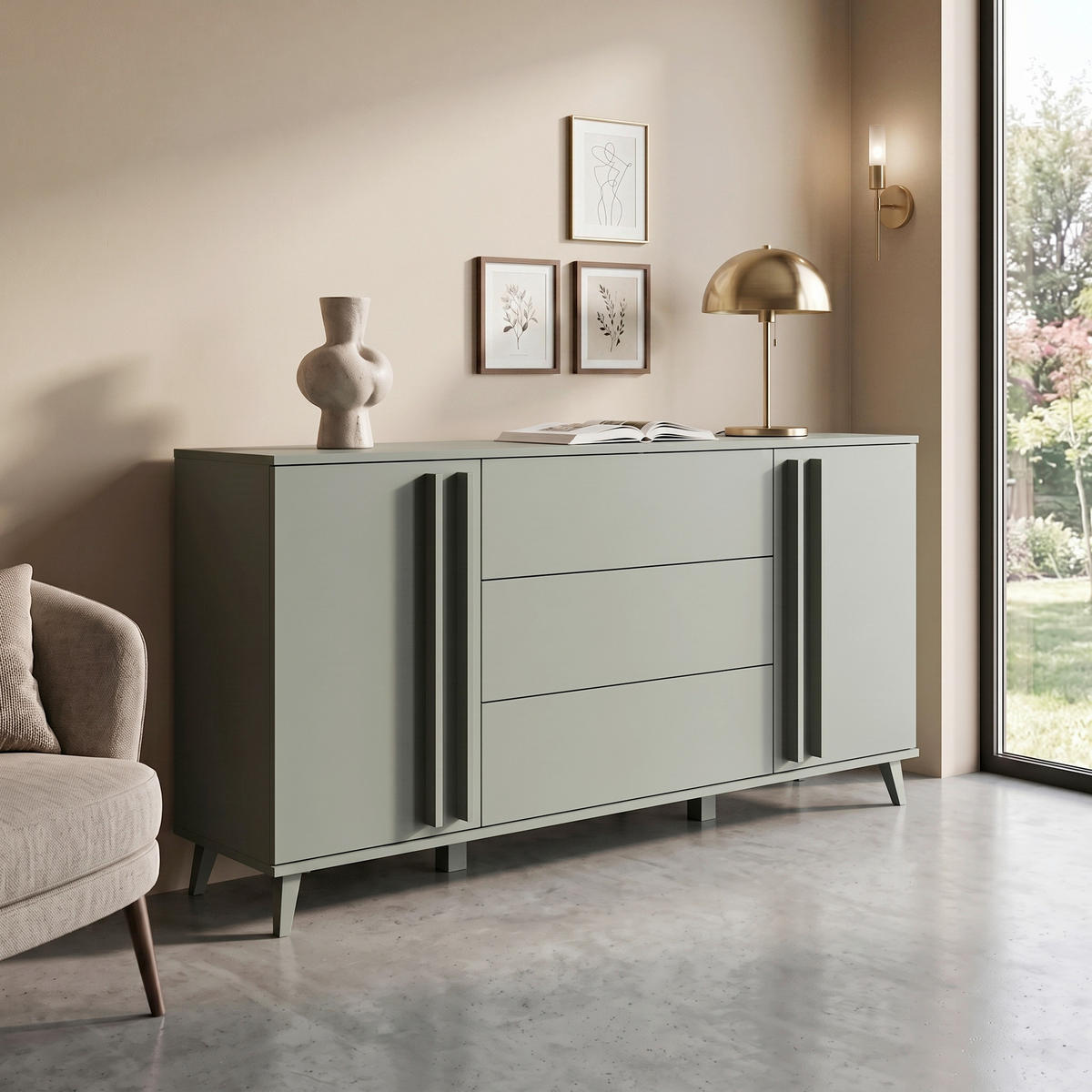 SIDEBOARD Helsinki 150/77,8/39,5 cm 3 Schublade(n)  - Salbeigrün/Schwarz, Trend, Holzwerkstoff/Kunststoff (150/77,8/39,5cm) - P & B