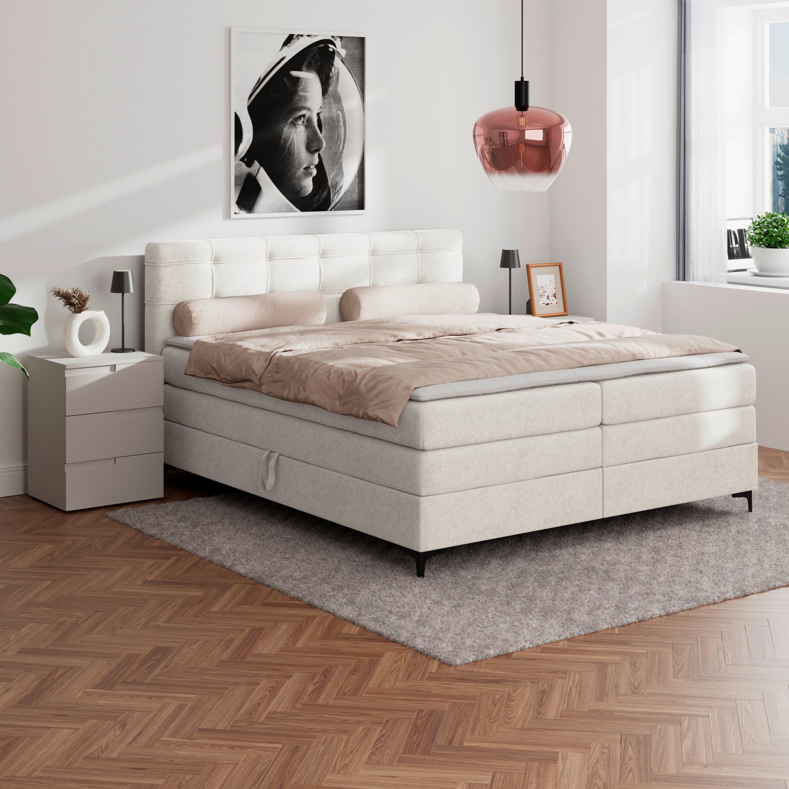 BOXSPRINGBETT 160/200 cm,  in Creme, H3 = fest  - Creme/Schwarz, KONVENTIONELL, Kunststoff/Textil (160/200cm)