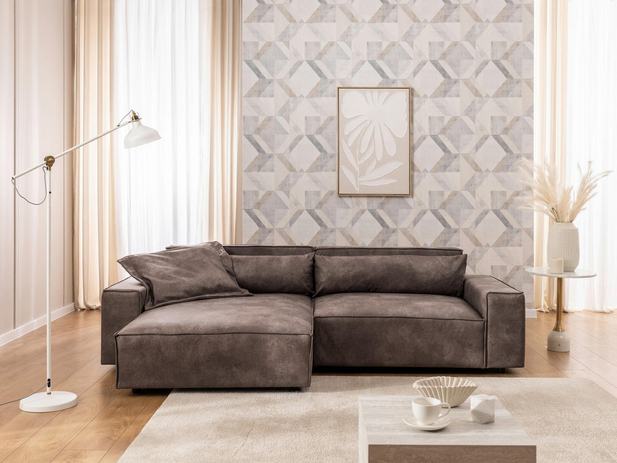 ECKSOFA Curduroy in Lederlook Graubraun Rückenkissen  251/142 cm  - Graubraun/Schwarz, Design, Kunststoff/Textil (251/142cm) - P & B