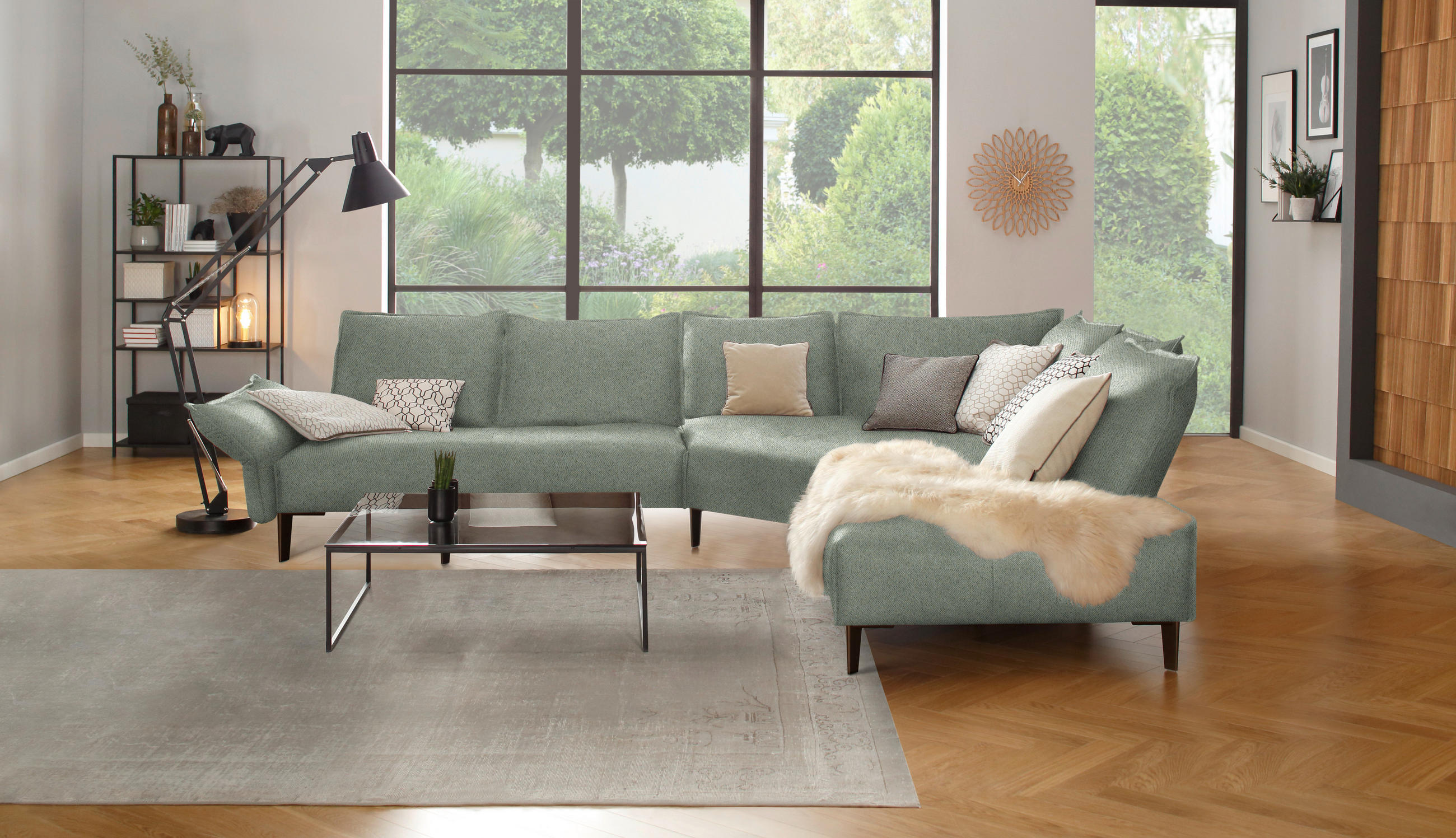 ECKSOFA in Webstoff Salbeigrün  - Salbeigrün/Schwarz, Modern, Textil/Metall (340/272cm) - W.Schillig