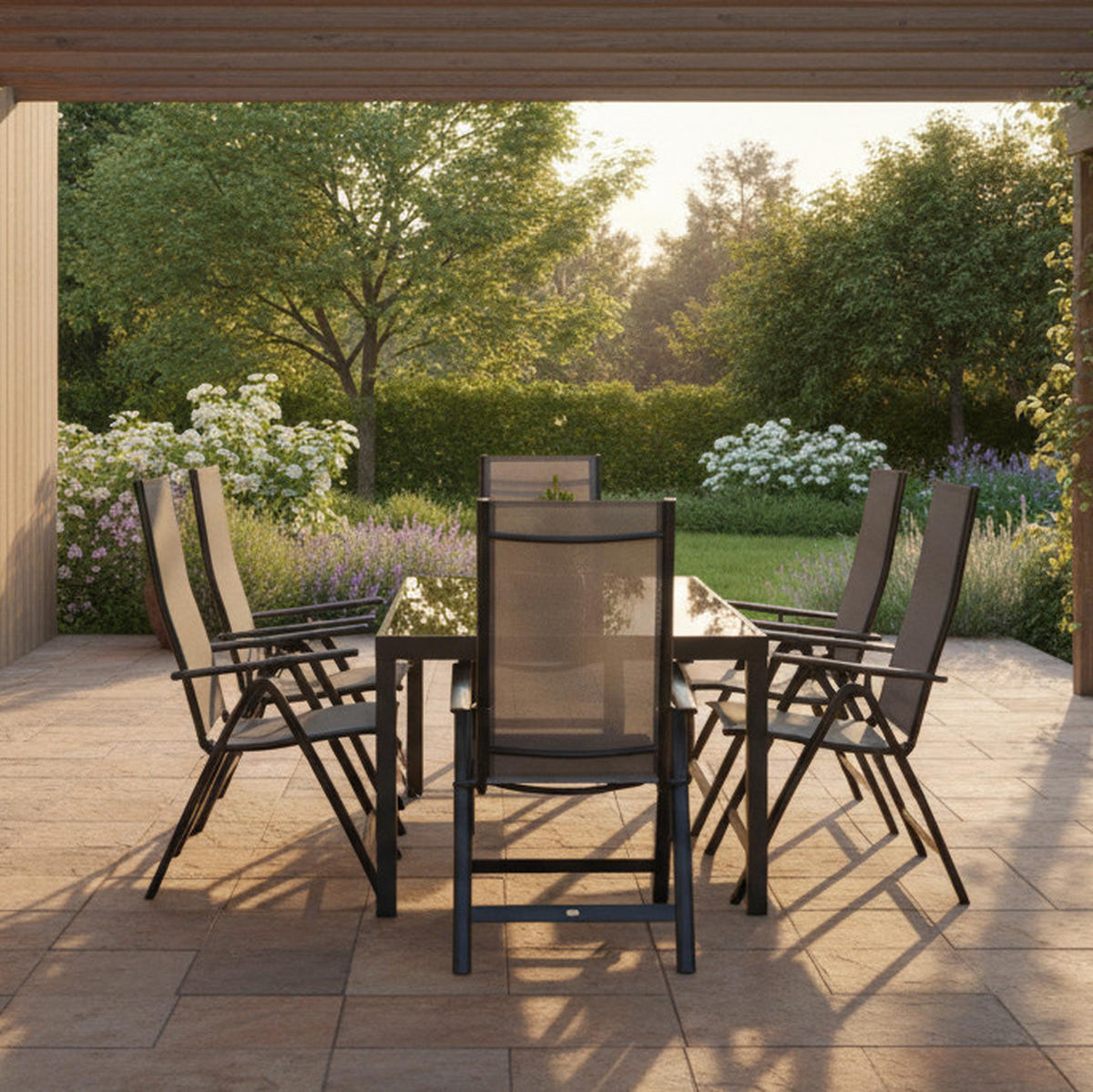 GARTENSET 7-teilig Aluminium 7-teilig  - Graphitfarben/Braun, MODERN, Textil/Metall - Gardenson