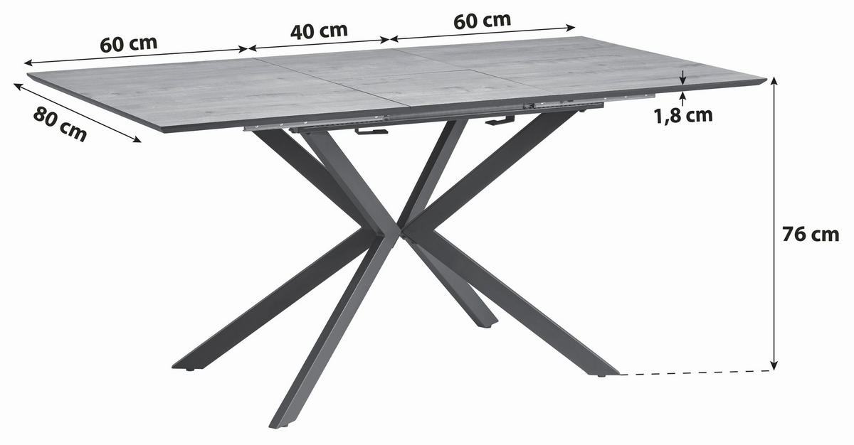 ESSTISCH 120-160/80/76 cm Nachbildung  Metall, Holzwerkstoff ausziehbar rechteckig Eichefarben  - Eichefarben/Schwarz, Konventionell, Holzwerkstoff/Metall (120-160/80/76cm) - P & B