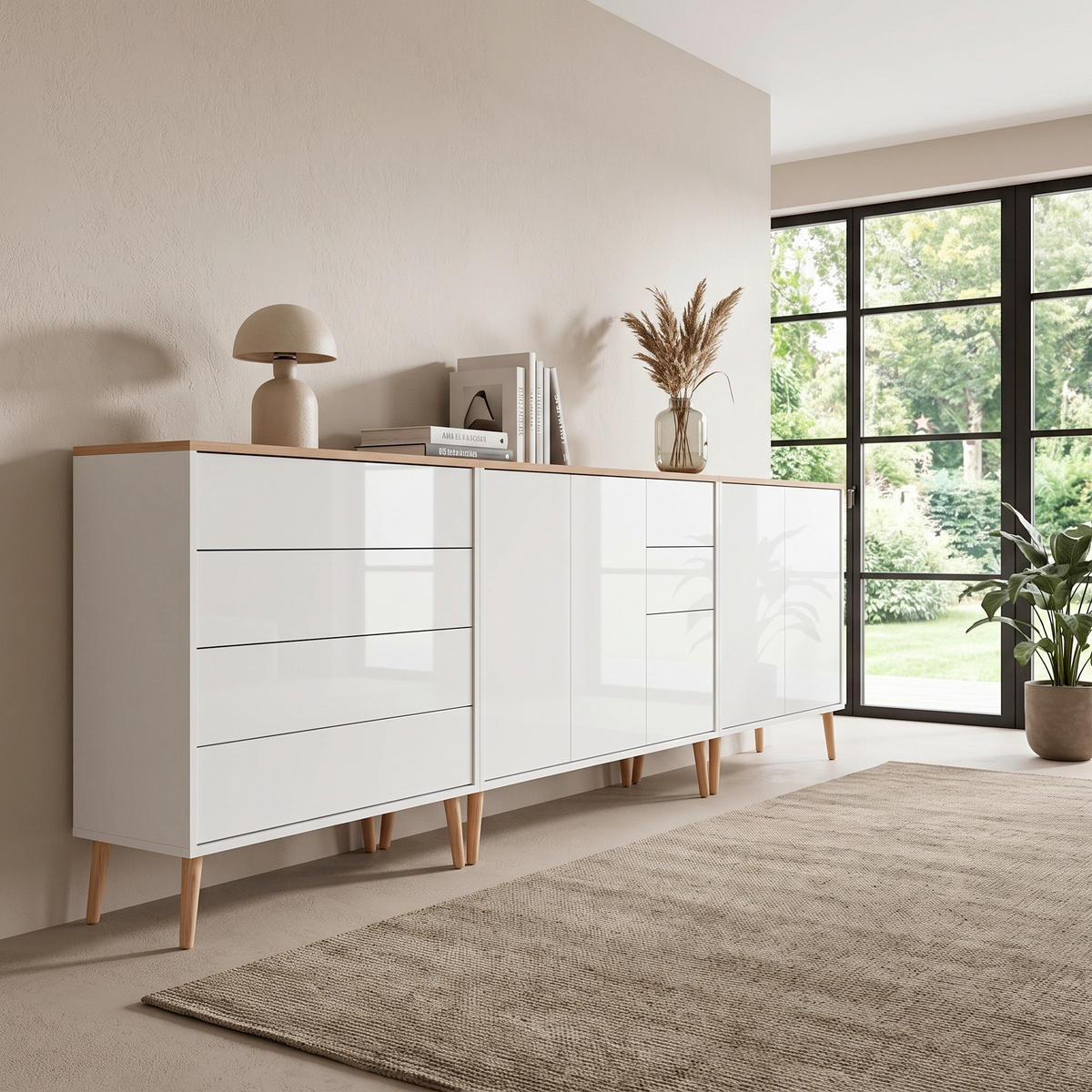 SIDEBOARD Mailand Set 7 + HF 263,5/86/33 cm 6 Schublade(n)  - Weiß Hochglanz/Eiche Artisan, MODERN, Holz/Holzwerkstoff (263,5/86/33cm) - MID.YOU