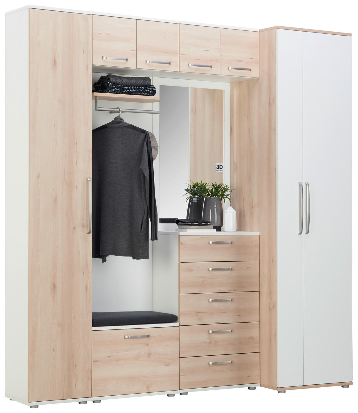 GARDEROBE 8-teilig  in 221/233/56 cm  - Buchefarben/Weiß, Design, Holzwerkstoff (221/233/56cm) - Moderano