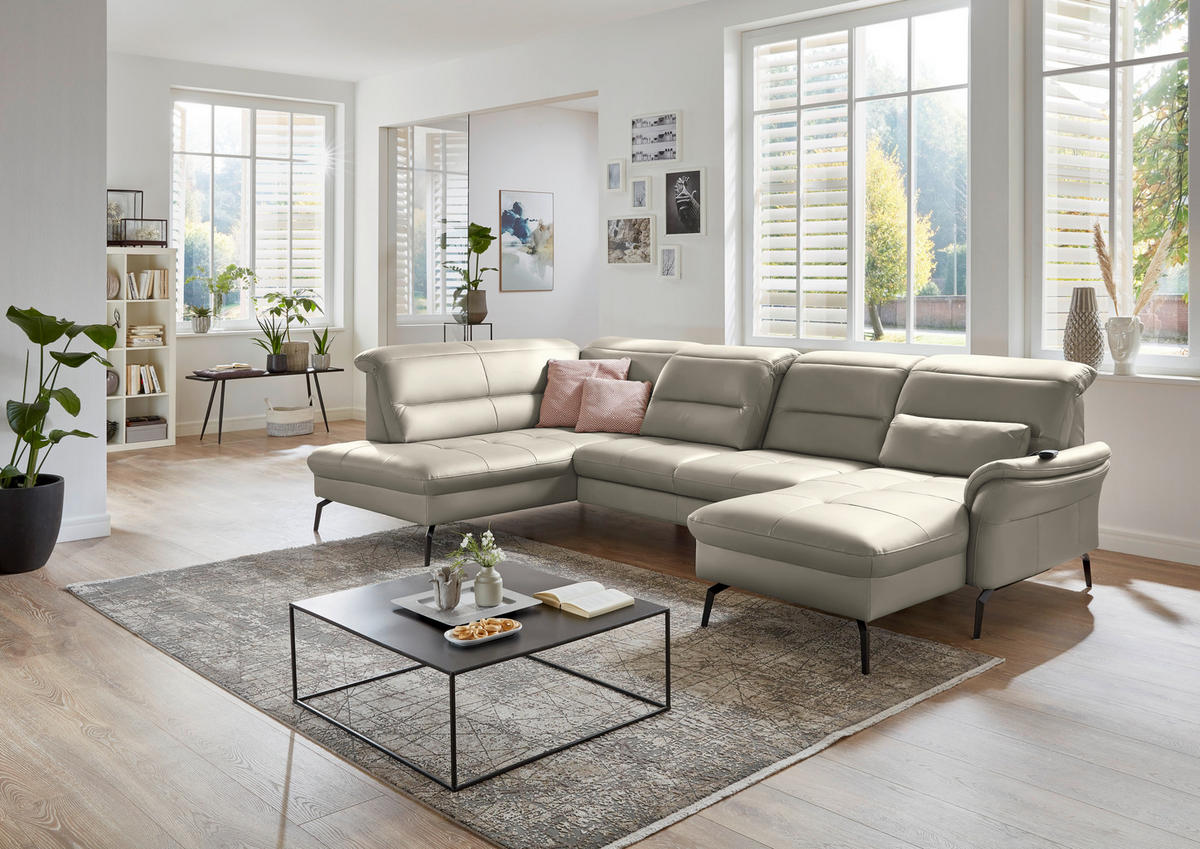 WOHNLANDSCHAFT  in Echtleder Ecru  - Ecru/Schwarz, Design, Leder/Metall (206/336/181cm) - Beldomo Speed