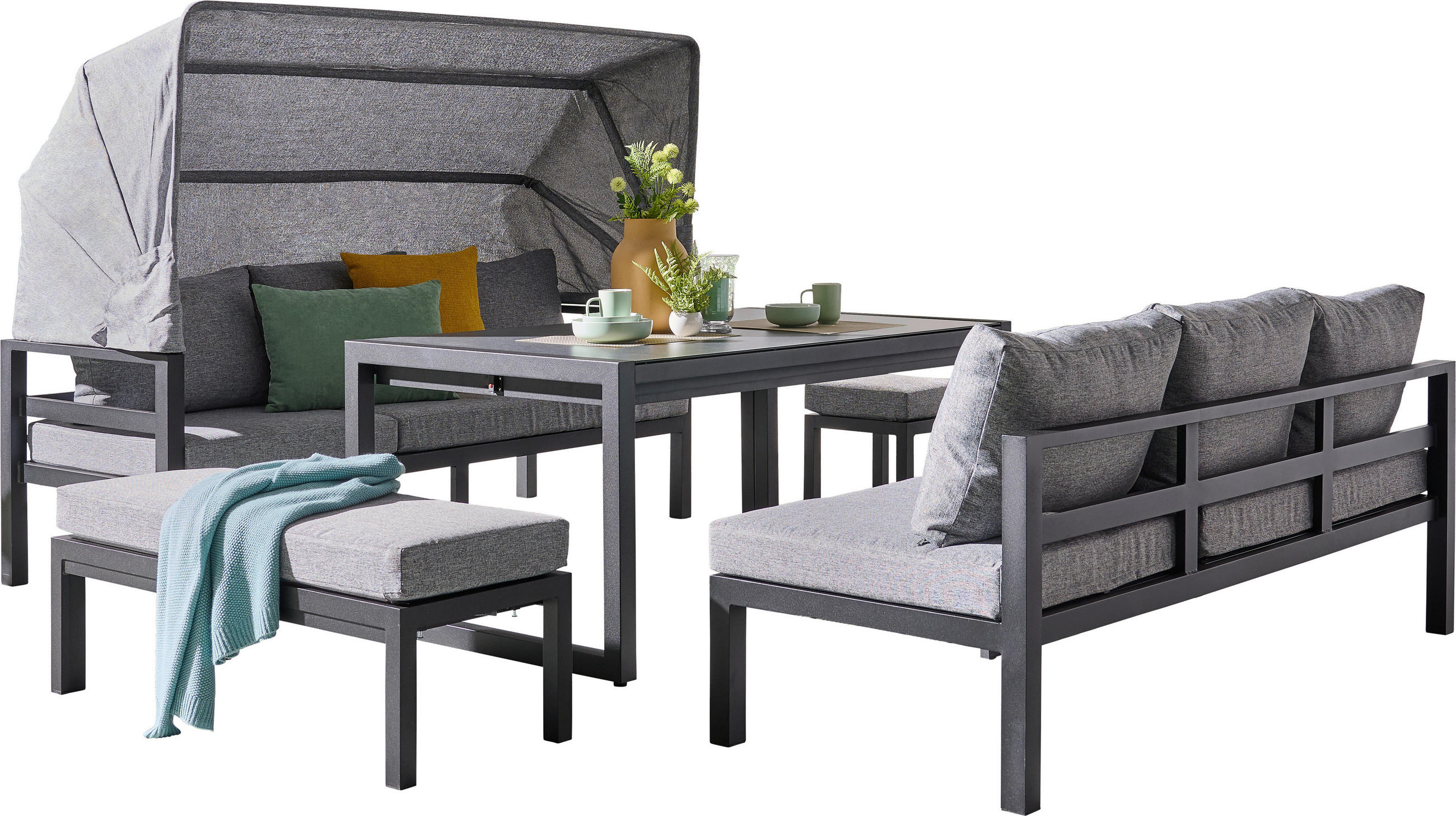 LOUNGEGARNITUR 19-teilig   360/65/152/200 cm Aluminium  - Dunkelgrau/Dunkelbraun, MODERN, Glas/Textil (360/65/152/200cm) - Amatio