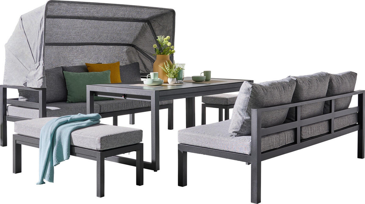 LOUNGEGARNITUR 19-teilig   360/65/152/200 cm Aluminium  - Dunkelgrau/Dunkelbraun, MODERN, Glas/Textil (360/65/152/200cm) - Amatio