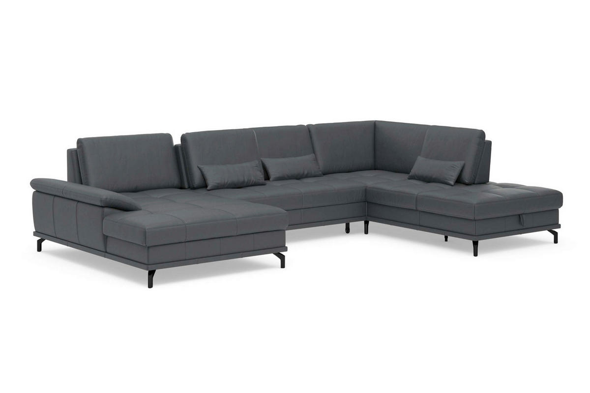 WOHNLANDSCHAFT COSTELLO E Schwarz Kombination Echtleder/Stoff Mikrofaser  - Schwarz, Basics, Leder/Textil (176/363/223cm) - Sit & More