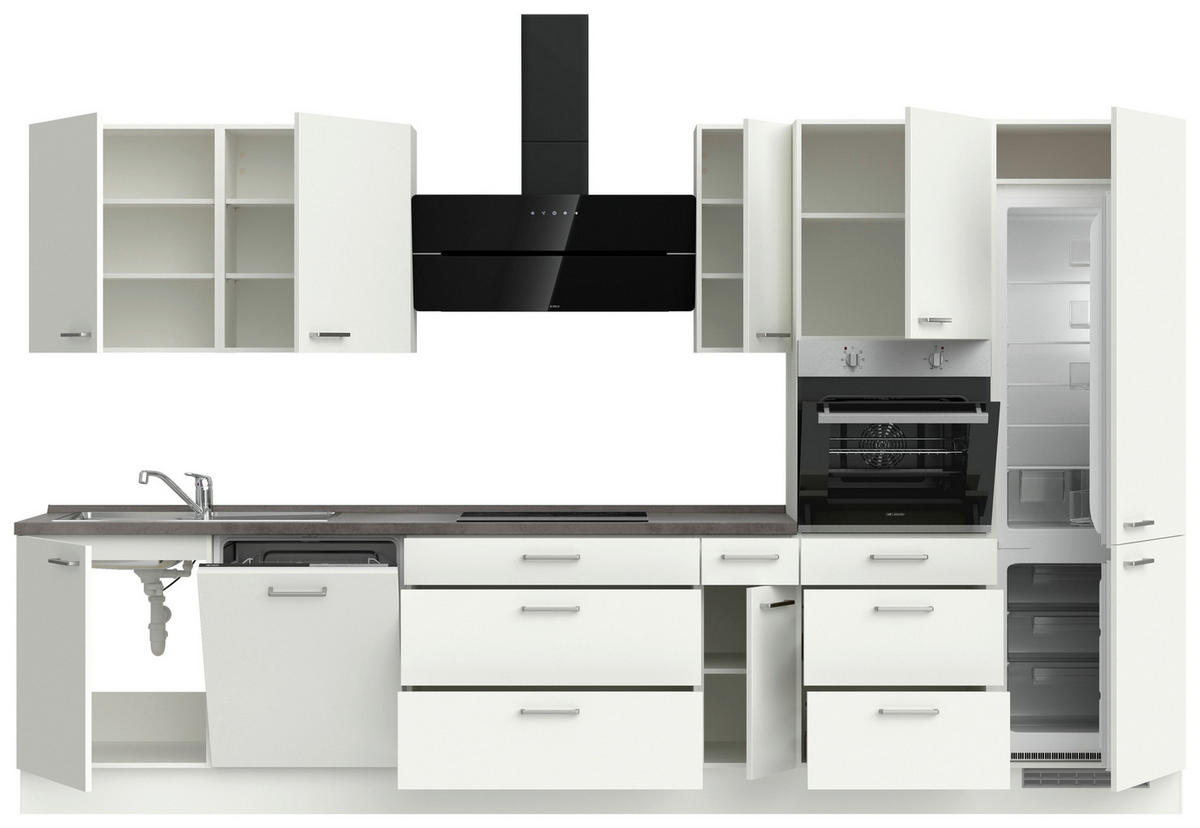 BUCĂTĂRIE FĂRĂ ELECTROCASNICE  - alb/culoare inox, Modern, metal/material pe bază de lemn (360cm) - Nobilia