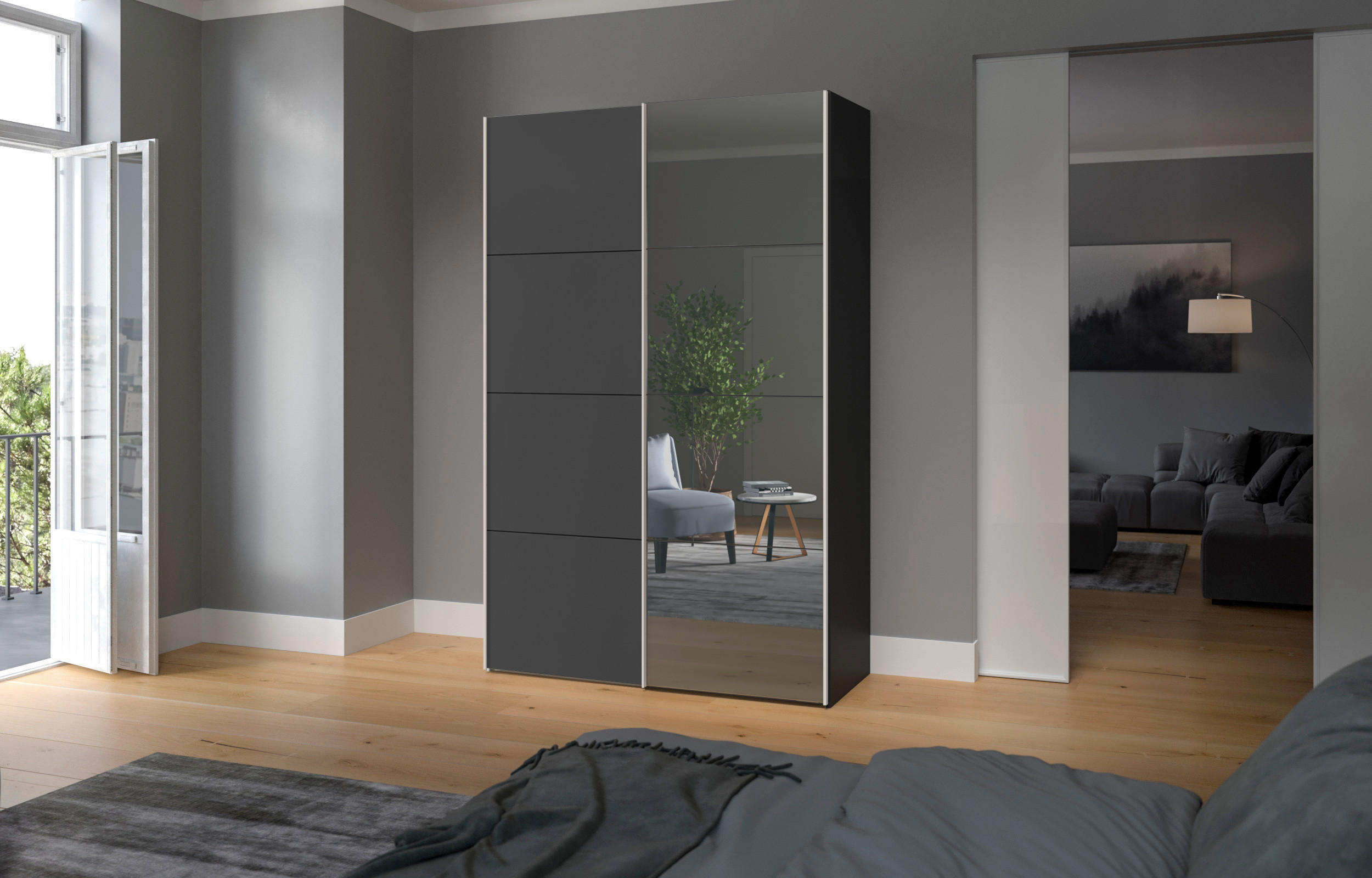 SCHWEBETÜRENSCHRANK 152/236/65 cm 2-türig Anthrazit, Schwarz - Edelstahlfarben/Anthrazit, Design, Glas/Holzwerkstoff (152/236/65cm) - Boxxx
