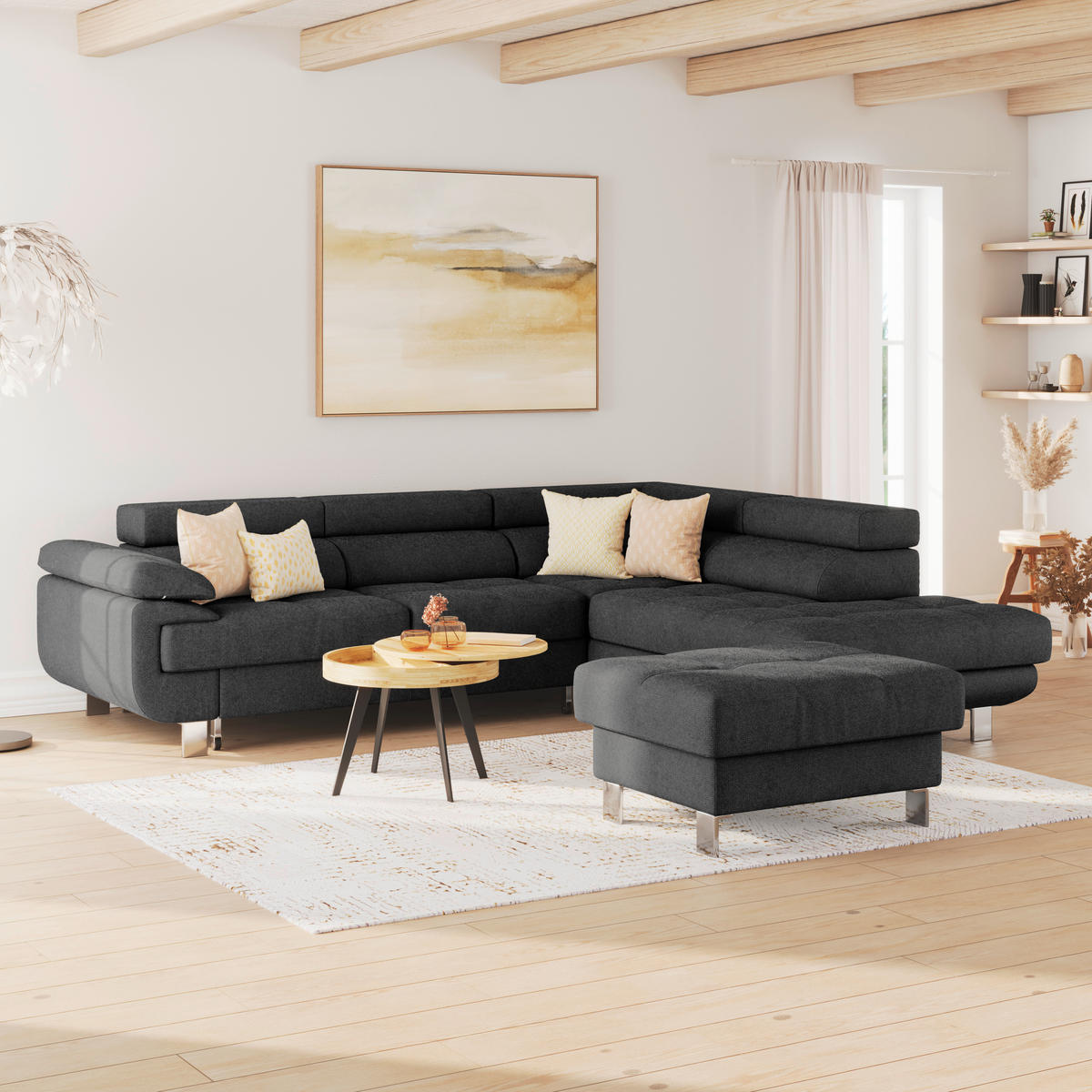 HOCKER in Textil Graphitfarben  - Graphitfarben, Modern, Textil/Metall (90/44/73cm) - MID.YOU