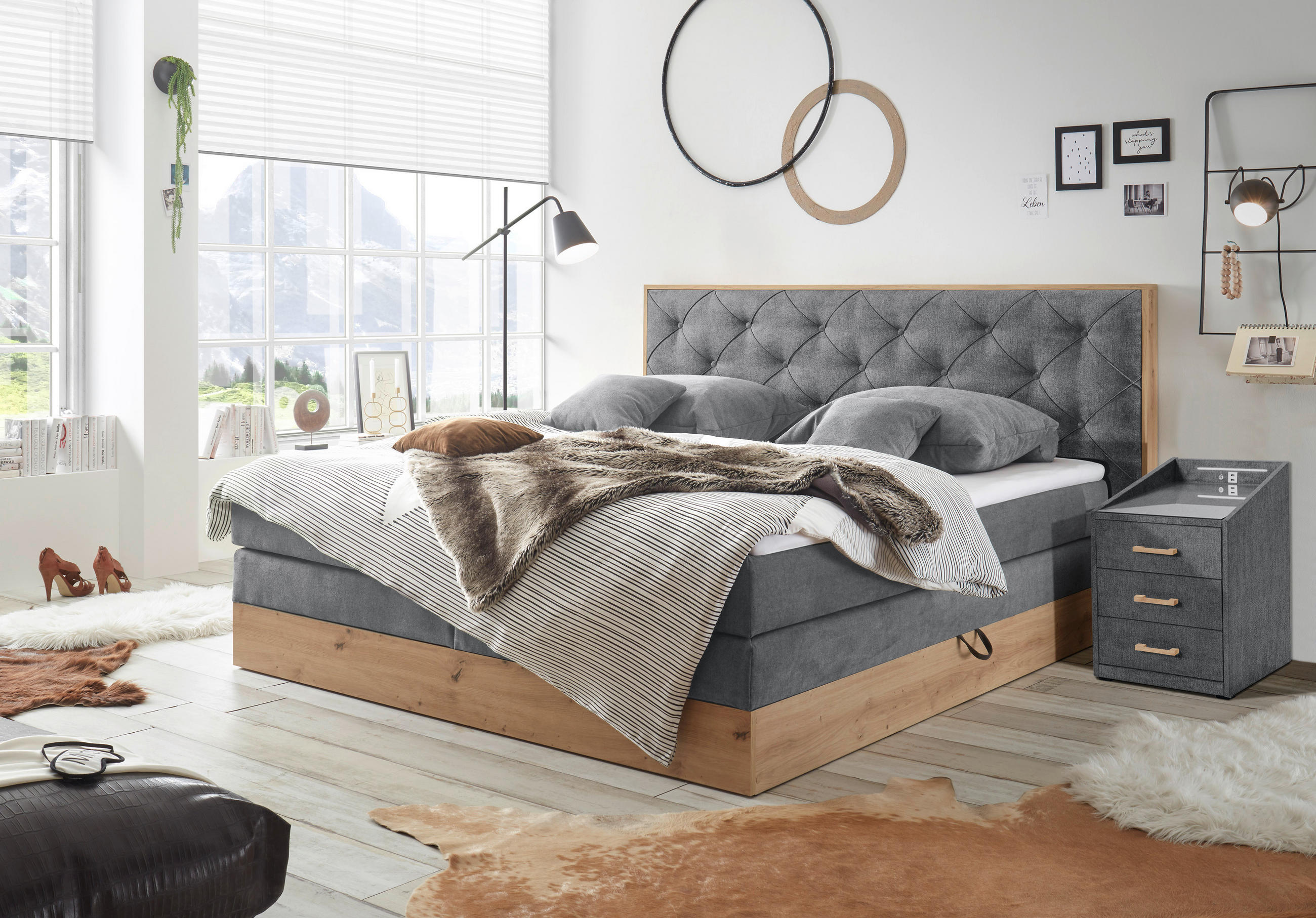 BOXSPRINGBETT 180/200 cm  in Grau, Naturfarben  - Naturfarben/Grau, KONVENTIONELL, Holzwerkstoff/Kunststoff (180/200cm) - Esposa