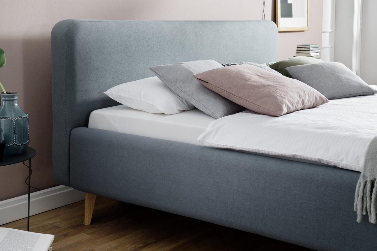KÁRPITOZOTT ÁGY 160/200 cm  világoskék  - világoskék/tölgyfa, Design, textil/fa (160/200cm) - Livetastic