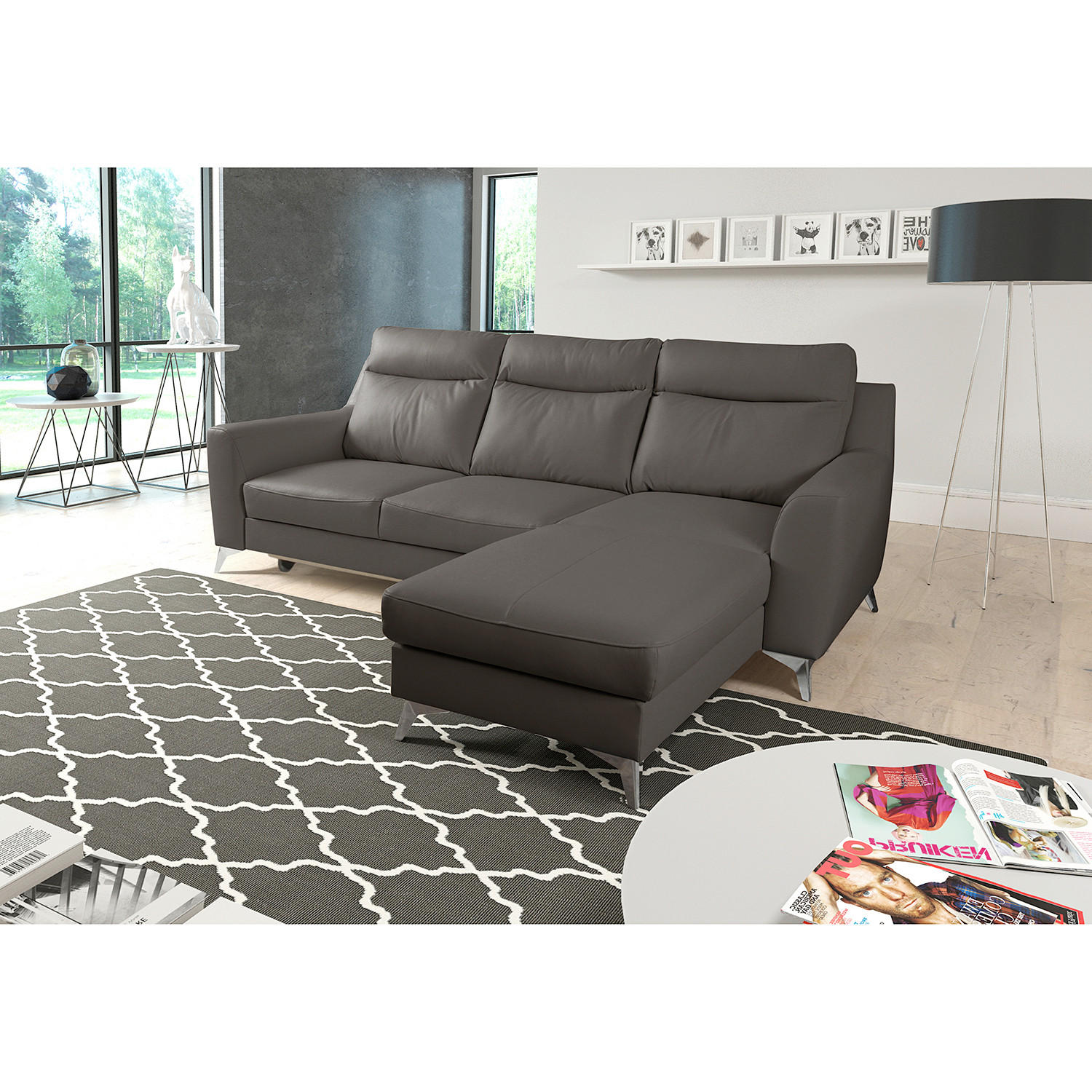 ECKSOFA Lederlook Echtleder Dunkelbraun  - Chromfarben/Dunkelbraun, Design, Leder/Textil (236/168cm) - Livetastic