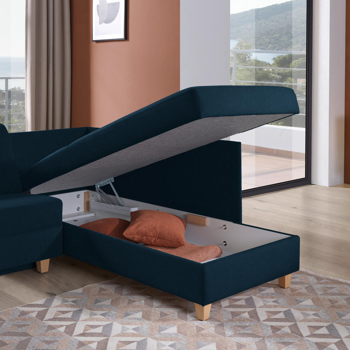 ECKSOFA in Flachgewebe Dunkelblau  261/203 cm  - Eichefarben/Dunkelblau, KONVENTIONELL, Holz/Textil (261/203cm) - Sedda