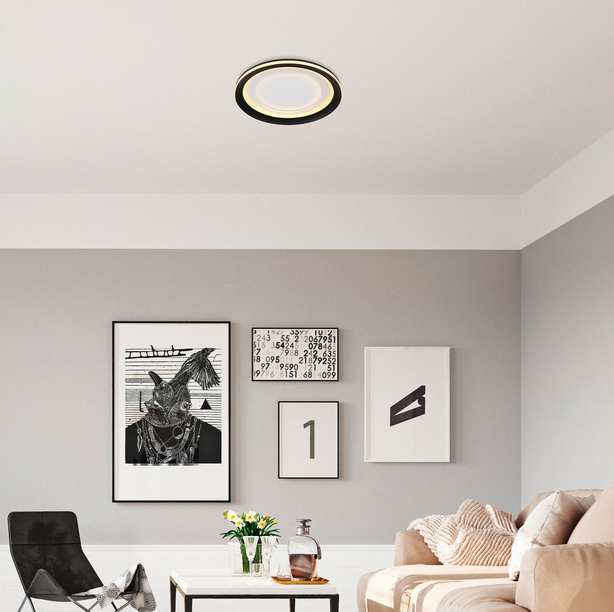 DECKENLEUCHTE 30/5,5 cm   - Opal/Schwarz, Basics, Kunststoff/Metall (30/5,5cm) - Globo