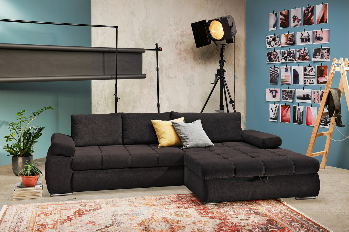 ECKSOFA Anthrazit Flachgewebe Rückenkissen, Bettkasten, Schlaffunktion, Rücken echt, Armteilverstellung  - Chromfarben/Anthrazit, Design, Kunststoff/Textil (294/173cm) - Carryhome