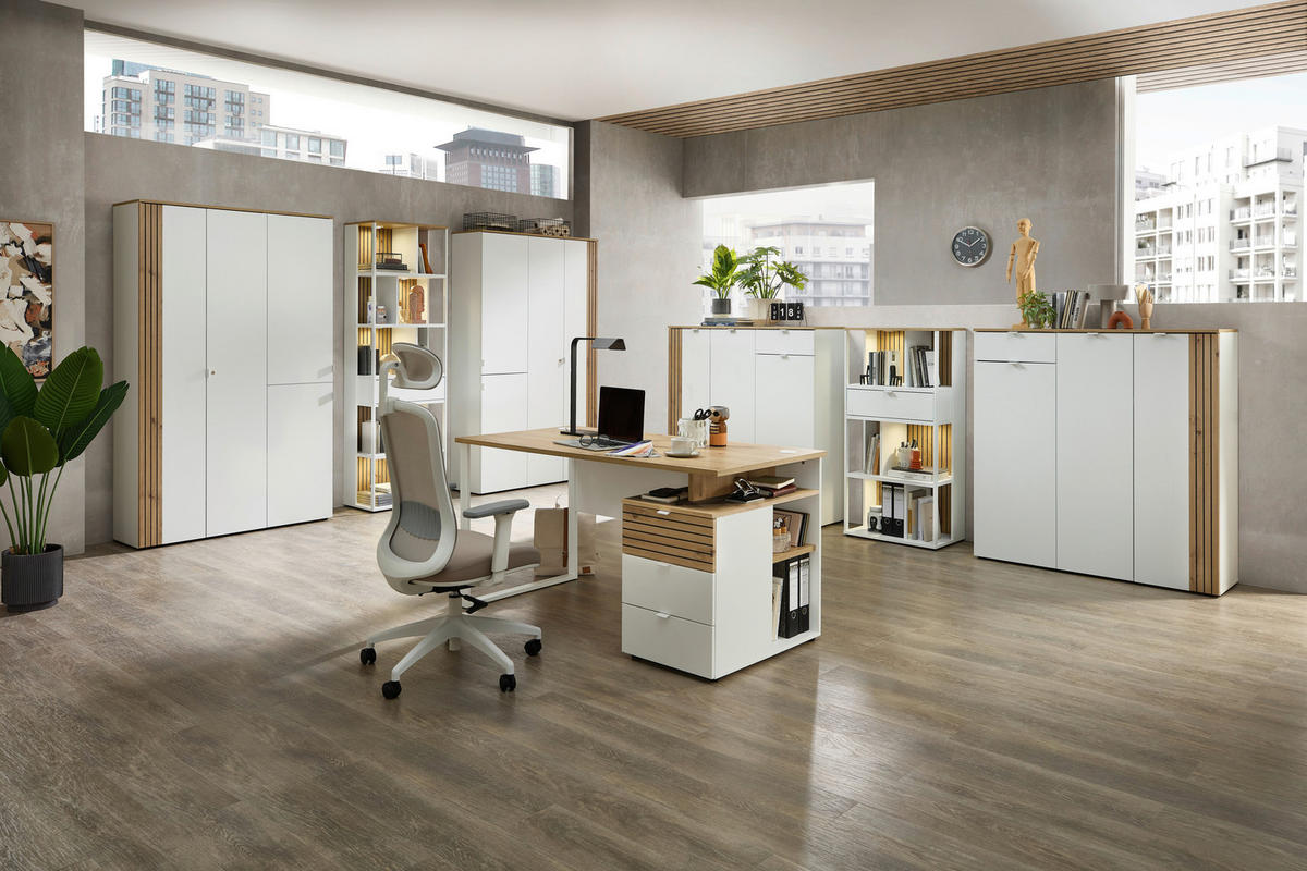 SCHREIBTISCH 150/77/73 cm Weiß, Eiche Artisan Kabeldurchlass, Stauraum  - Weiß/Eiche Artisan, KONVENTIONELL, Holzwerkstoff/Metall (150/77/73cm) - Voleo