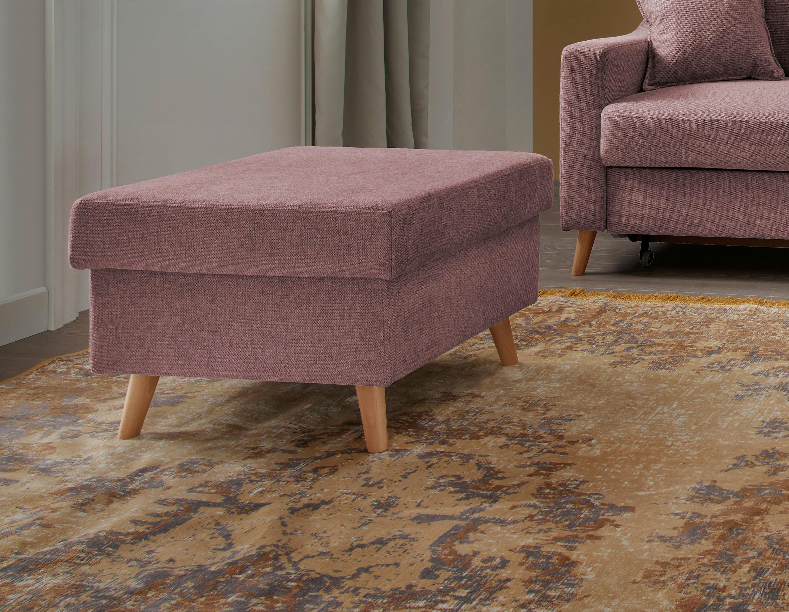 Thumbnail - P & B Hocker, Rosa, Textil, Buche, massiv, Struktur, rechteckig, 61x43x61 cm, Made in EU, Wohnzimmer, Hocker, Sitzhocker