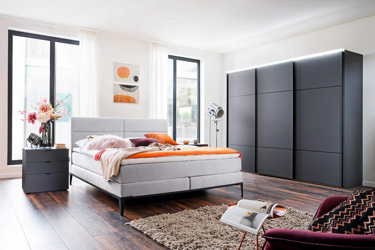  SCHWEBETÜRENSCHRANK 3-türig  - Schwarz/Grau, Design, Glas/Holzwerkstoff (249/222cm) - Moderano