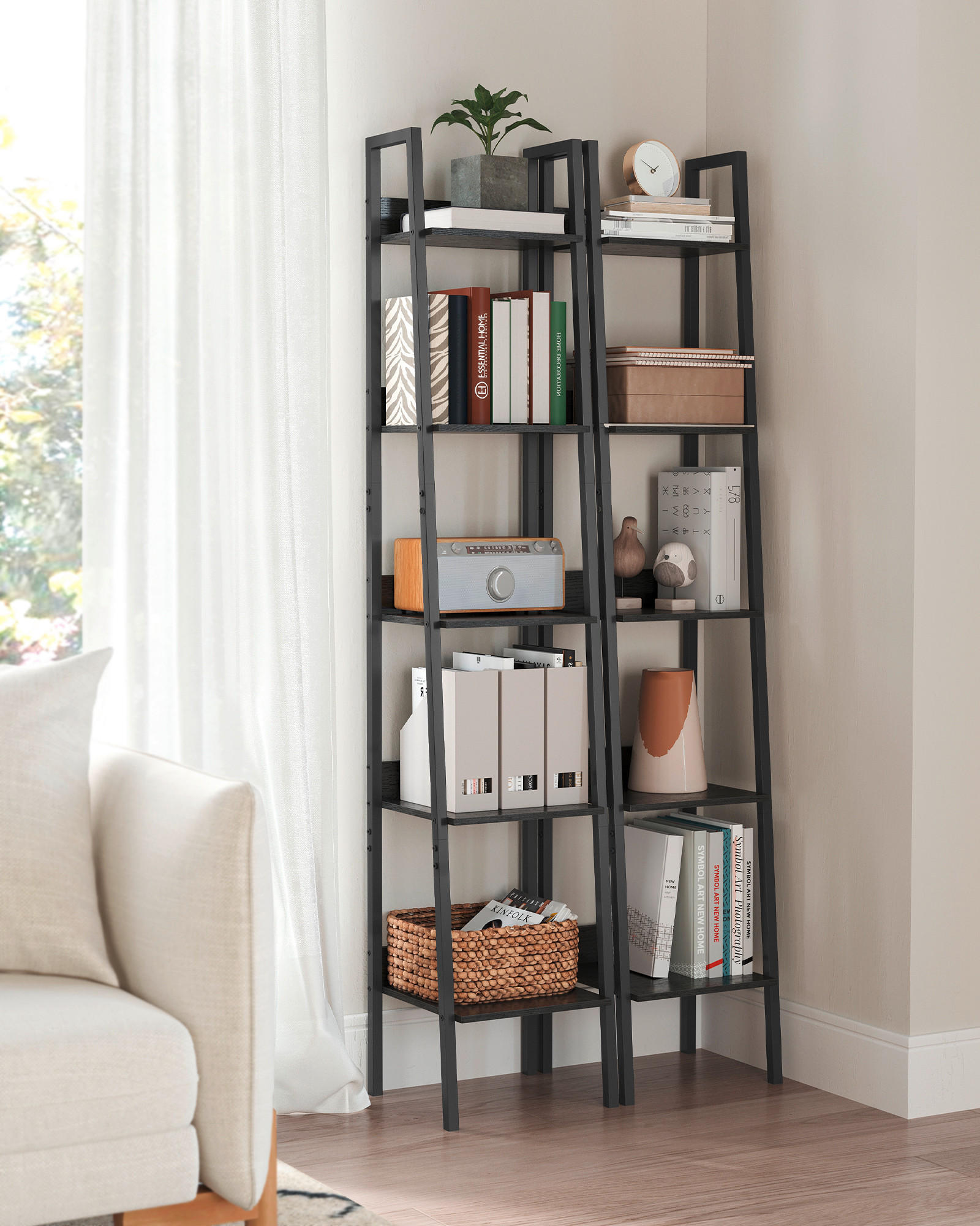 Thumbnail - Boxxx Bücherwand, Schwarz, Metall, Holzwerkstoff, Holzoptik, 5 Fächer, 33.8x170x30 cm, Typenauswahl, stehend, Wohnzimmer...