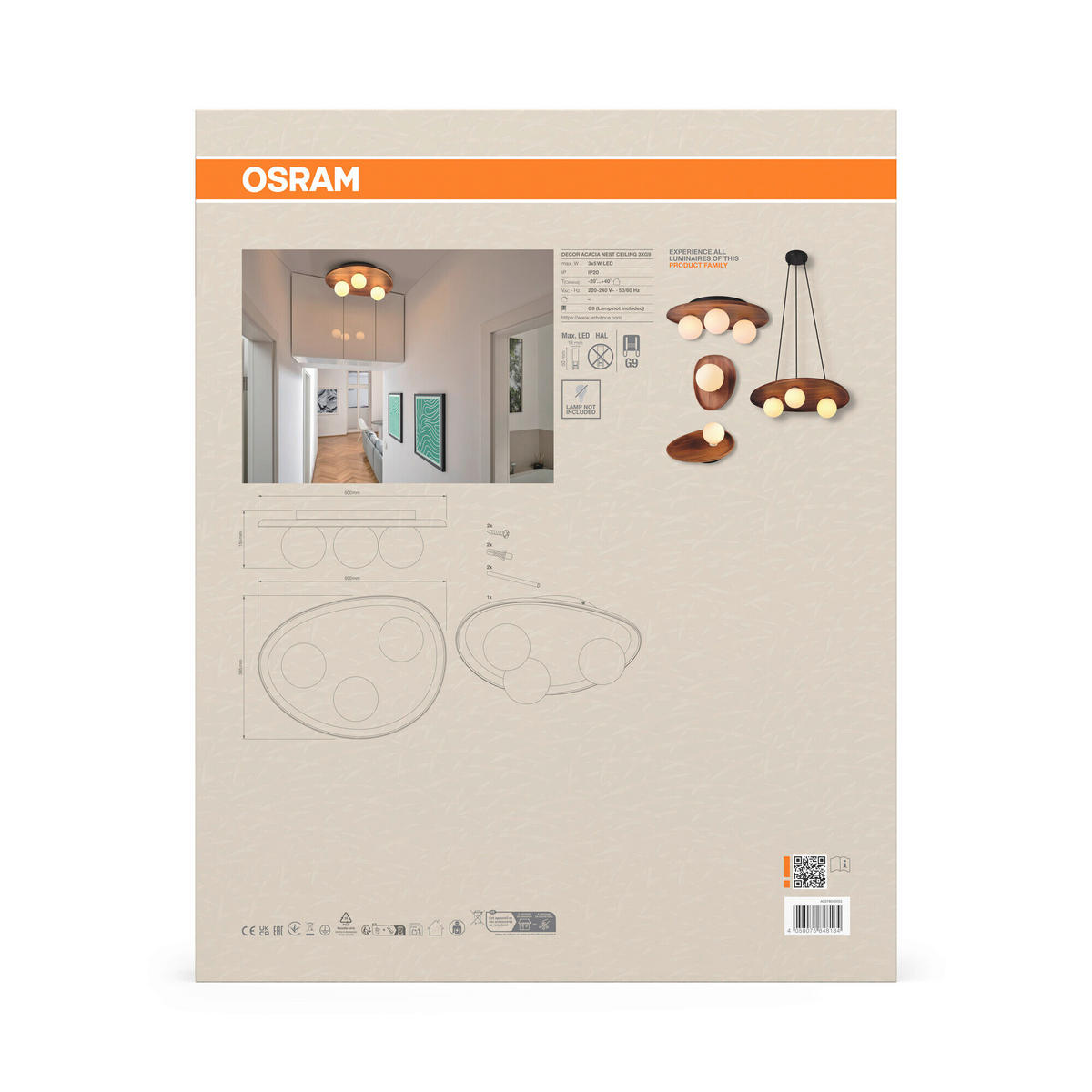 DECKENLEUCHTE    50/38,5/15,5 cm  - Akaziefarben, Basics, Glas/Holz (50/38,5/15,5cm) - Osram
