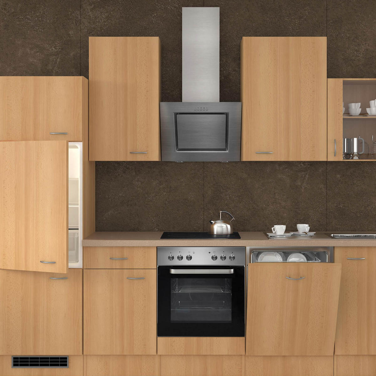 KÜCHENBLOCK 280 cm   in Buchefarben  - Edelstahlfarben/Beige, MODERN, Glas/Holzwerkstoff (280cm) - FlexWell
