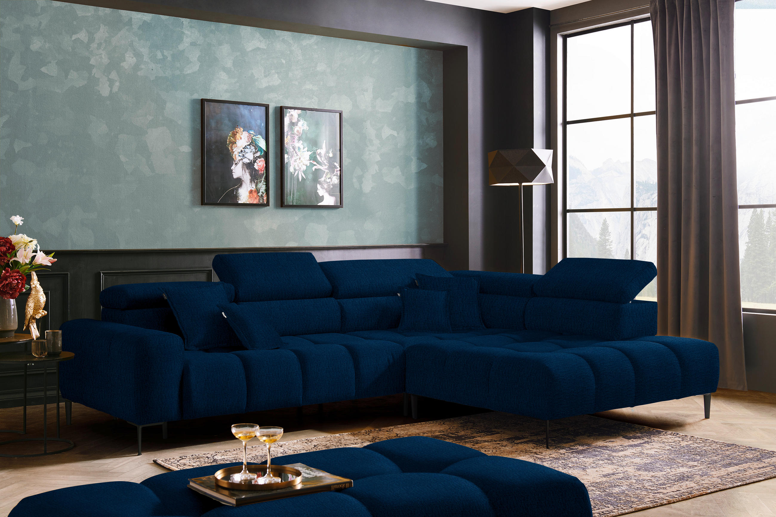 ECKSOFA in Samt, Webstoff Blau  - Blau/Schwarz, Design, Textil/Metall (300/216cm) - Welnova
