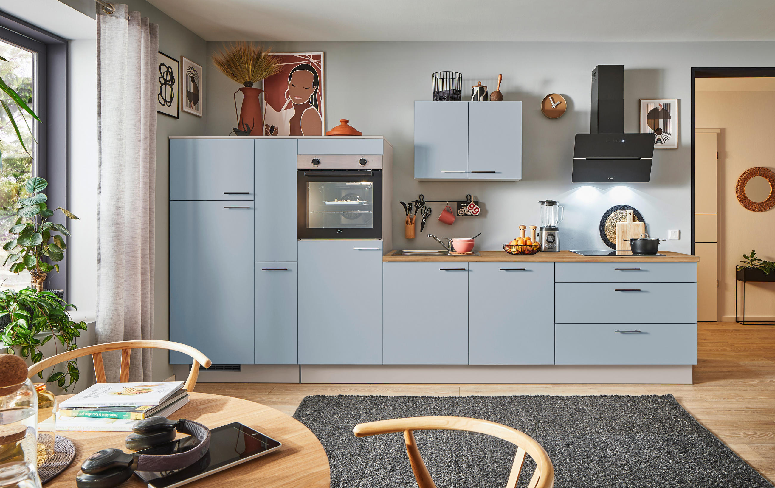 KÜCHENBLOCK PN 105 360 cm  in Eichefarben, Kaschmir, Pastellblau  - Kaschmir/Edelstahlfarben, Design, Holzwerkstoff/Metall (360cm) - Pino