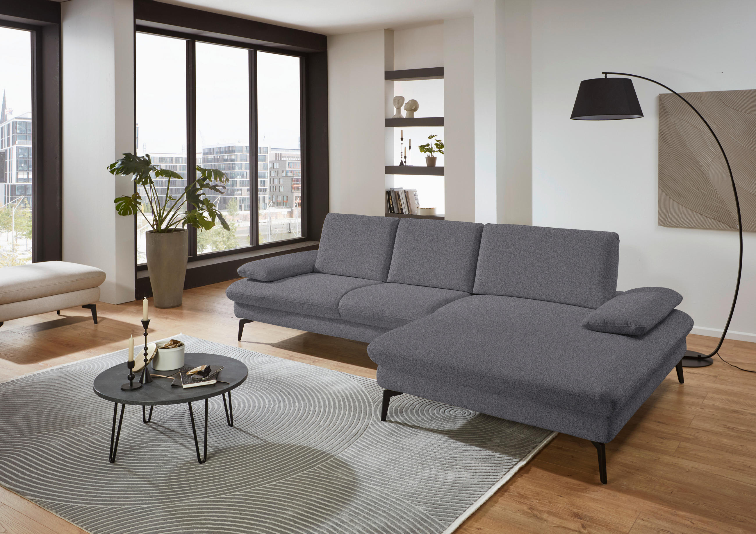 ECKSOFA in Chenille, Mikrofaser Grau  - Schwarz/Grau, Design, Textil/Metall (299/157cm) - Dieter Knoll
