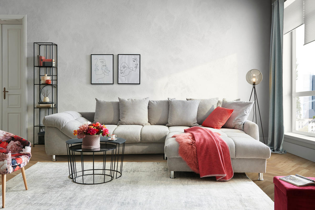 ECKSOFA Grau, Silberfarben Webstoff  - Silberfarben/Grau, Design, Textil/Metall (337/228cm) - Carryhome
