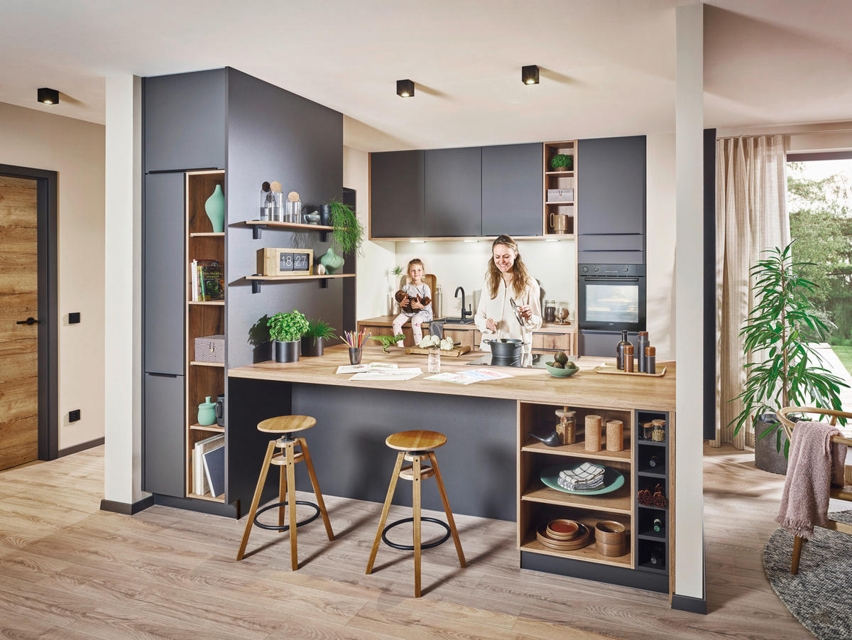 EINBAUKÜCHE   - Graphitfarben, Design, Holzwerkstoff - Xora