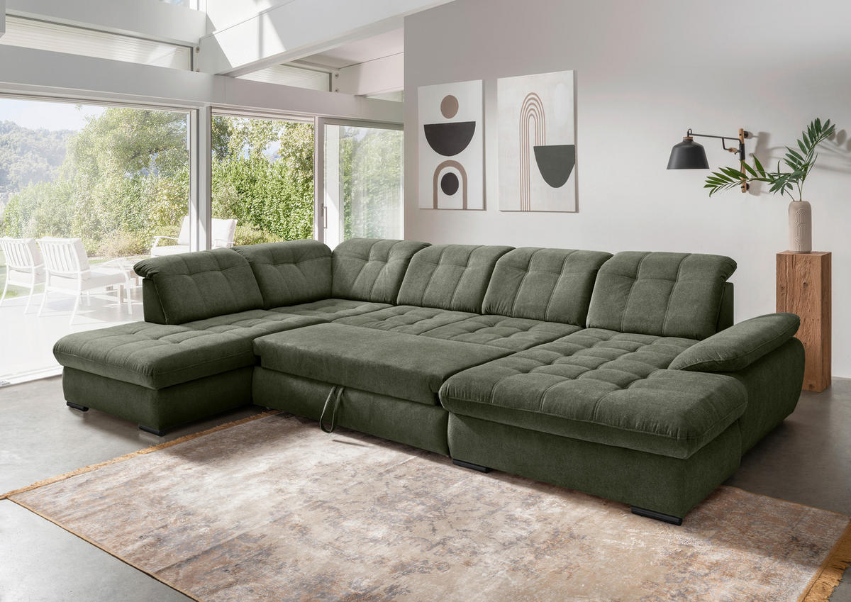 WOHNLANDSCHAFT in Chenille Dunkelgrün  - Dunkelgrün/Schwarz, Modern, Textil/Metall (252/387/184cm) - Livetastic