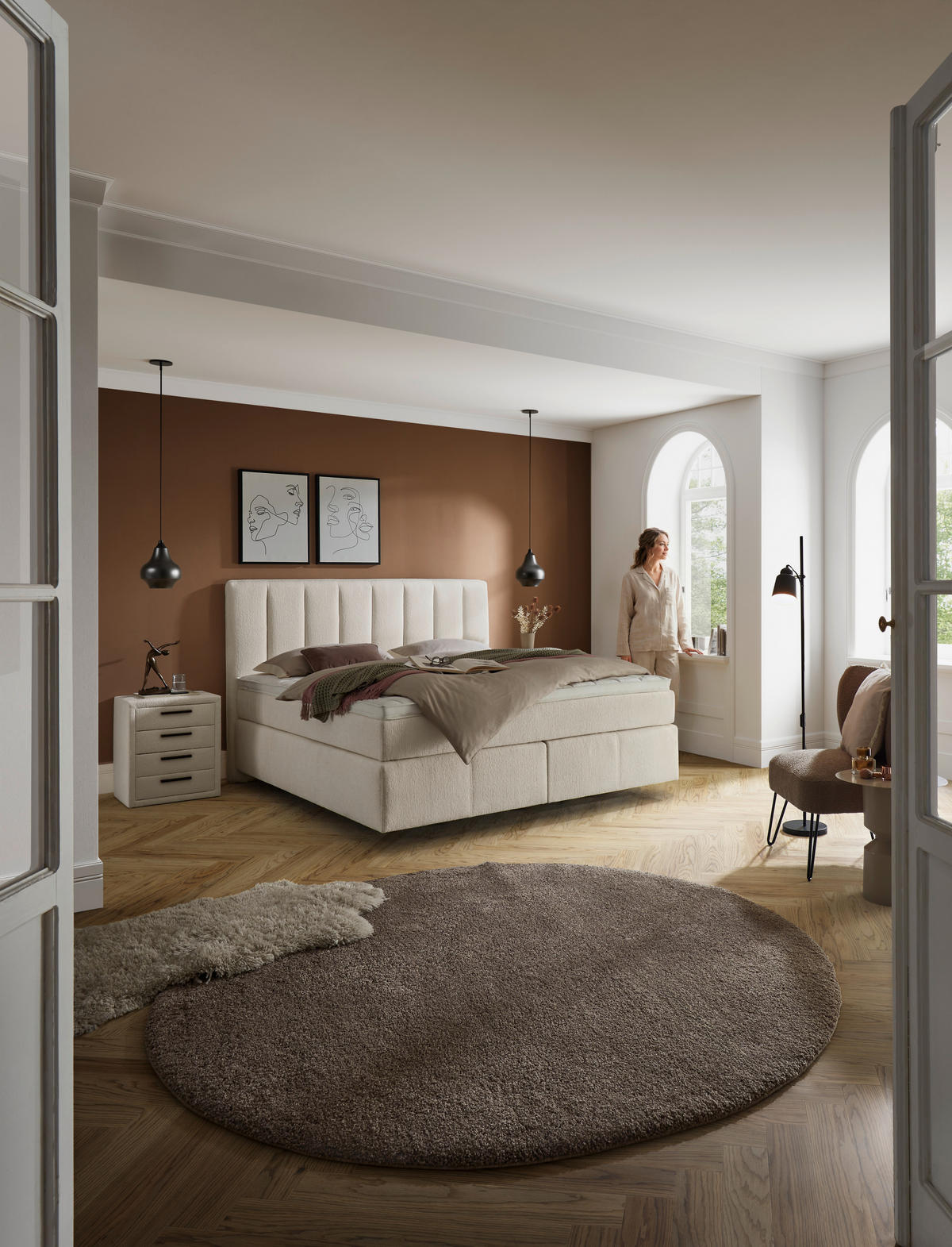 BOXSPRINGBETT 180/200 cm,  in Creme, H2 + H3 = mittel + fest  - Creme, KONVENTIONELL, Kunststoff/Textil (180/200cm) - Voleo